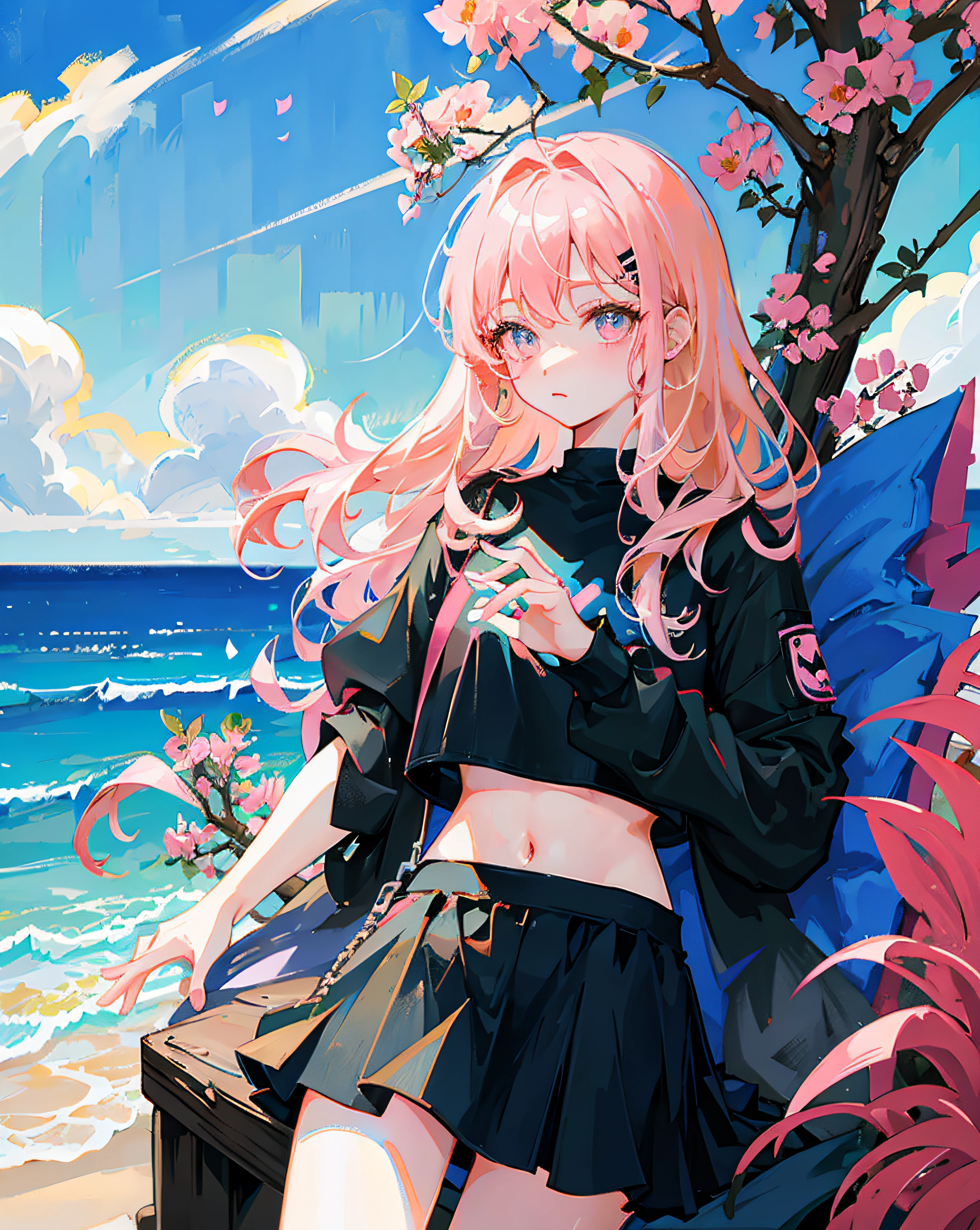 (Realistic painting style:1.0), Masterpiece, Best quality, absurderes, comic strip, illustration,
1 girl, Long hair, Cute girl, young and cute girl, Korean girl, {Breasts}, Hana,
A girl in a black dress sits on a rock next to a tree, wearing sexy cropped top, wearing crop top and miniskirt, Black top, wearing a black cropped tank top, Black skirt, a black choker,
Pink hair, Pink hair, with pink hair, with pink hair,