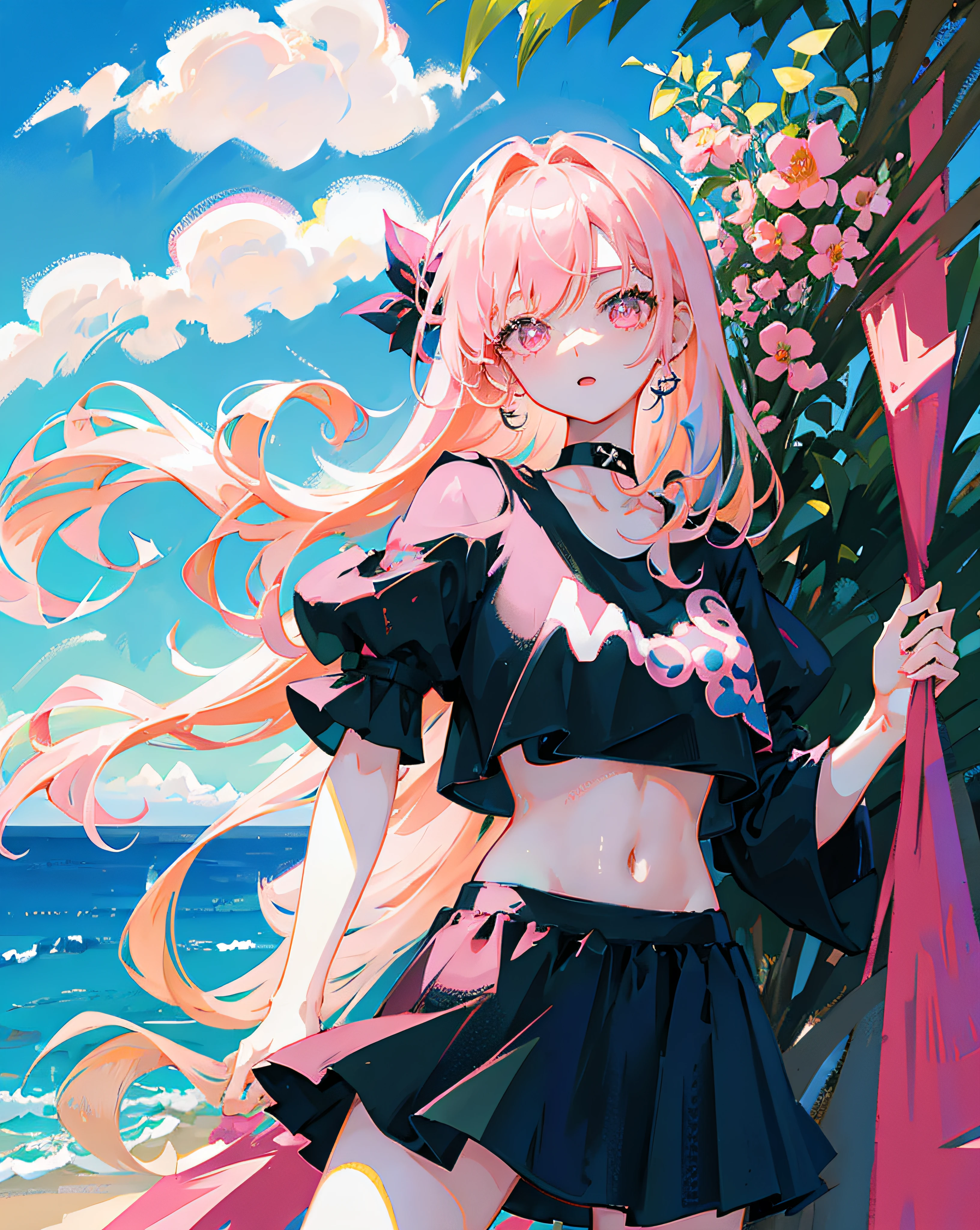 (Realistic painting style:1.0), Masterpiece, Best quality, absurderes, comic strip, illustration,
1 girl, Long hair, Cute girl, young and cute girl, Korean girl, {Breasts}, Hana,
A girl in a black dress sits on a rock next to a tree, wearing sexy cropped top, wearing crop top and miniskirt, Black top, wearing a black cropped tank top, Black skirt, a black choker,
Pink hair, Pink hair, with pink hair, with pink hair,