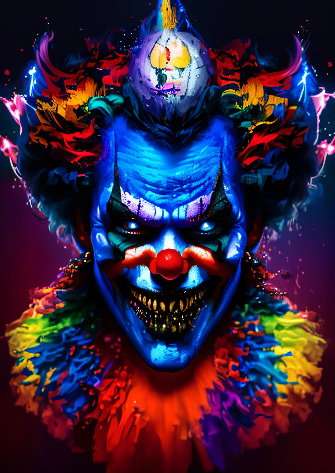 (Wild clown figure:1.4), (maniacal grin:1.3), (multicolored jester hat:1.2), bright red skin, (blue wild hair:1.2), (oversized gold earring:1.1), (dark starry background:1.2), exaggerated facial features, (chaotic energy:1.3), vibrant colors, (orange ruffled collar:1.1), (intense eyes:1.3), (comic book style:1.2), horror theme, detailed textures, dripping details, (frightening aura:1.2), bold line art, dynamic expression, (macabre humor:1.1).






