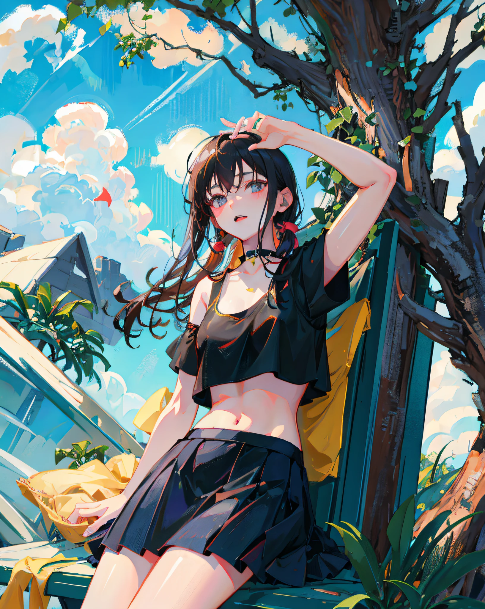 (Realistic painting style:1.0), Masterpiece, Best quality, absurderes, comic strip, illustration,
1 girl, long hair, cute girl, young and cute girl, Korean girl, {Breasts}, hana,
a girl sitting on a rock near a tree in a black dress, wearing a sexy cropped top, wearing crop top and miniskirt, black top, wearing a black cropped tank top, black skirt, a black chocker,
