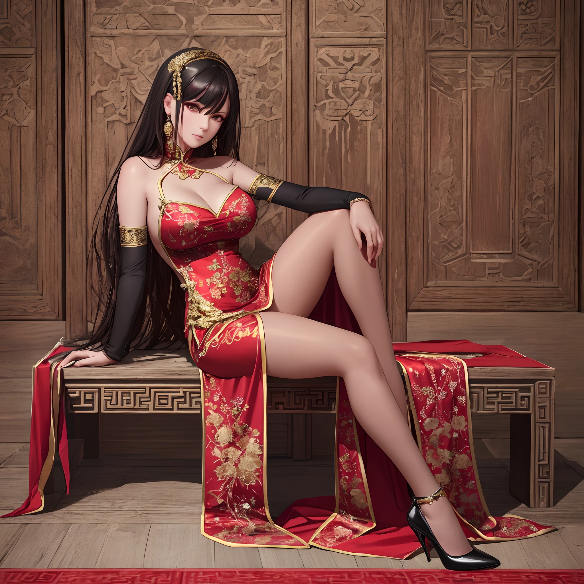 masterpiece, best quality, realistic, high res, beautiful, 8K, hyper realistic, visually stunning,  deep red theme, dark crimson, looking at viewer ,full body,high heels, a girl wearing traditional red and gold chinese dress, intricate details, photorealistic, ultra detailed eyes and face --auto --s2