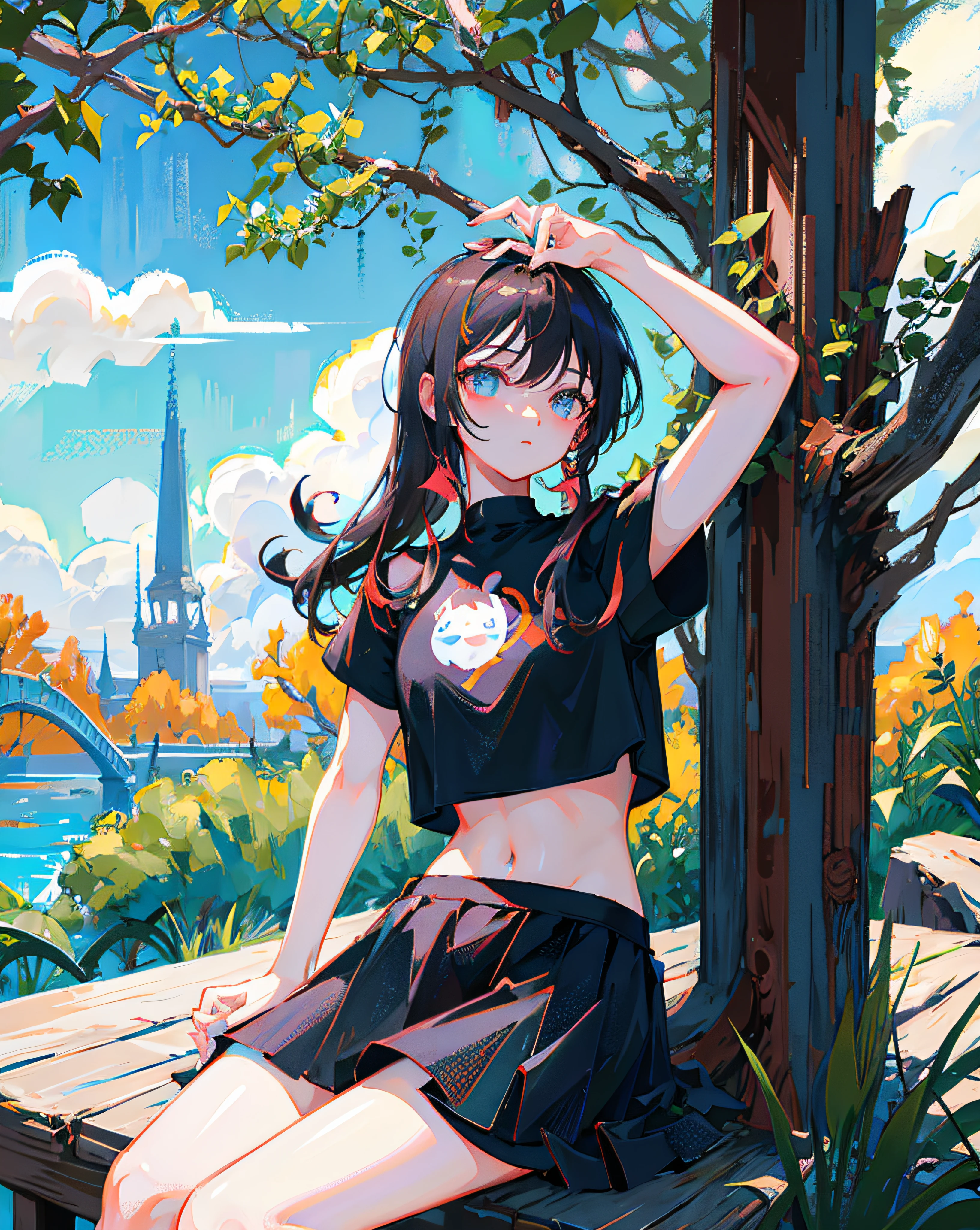 (Realistic painting style:1.0), Masterpiece, Best quality, absurderes, comic strip, illustration,
1 girl, long hair, cute girl, young and cute girl, Korean girl, {Breasts}, hana,
a girl sitting on a rock near a tree in a black dress, wearing a sexy cropped top, wearing crop top and miniskirt, black top, wearing a black cropped tank top, black skirt, a black chocker,