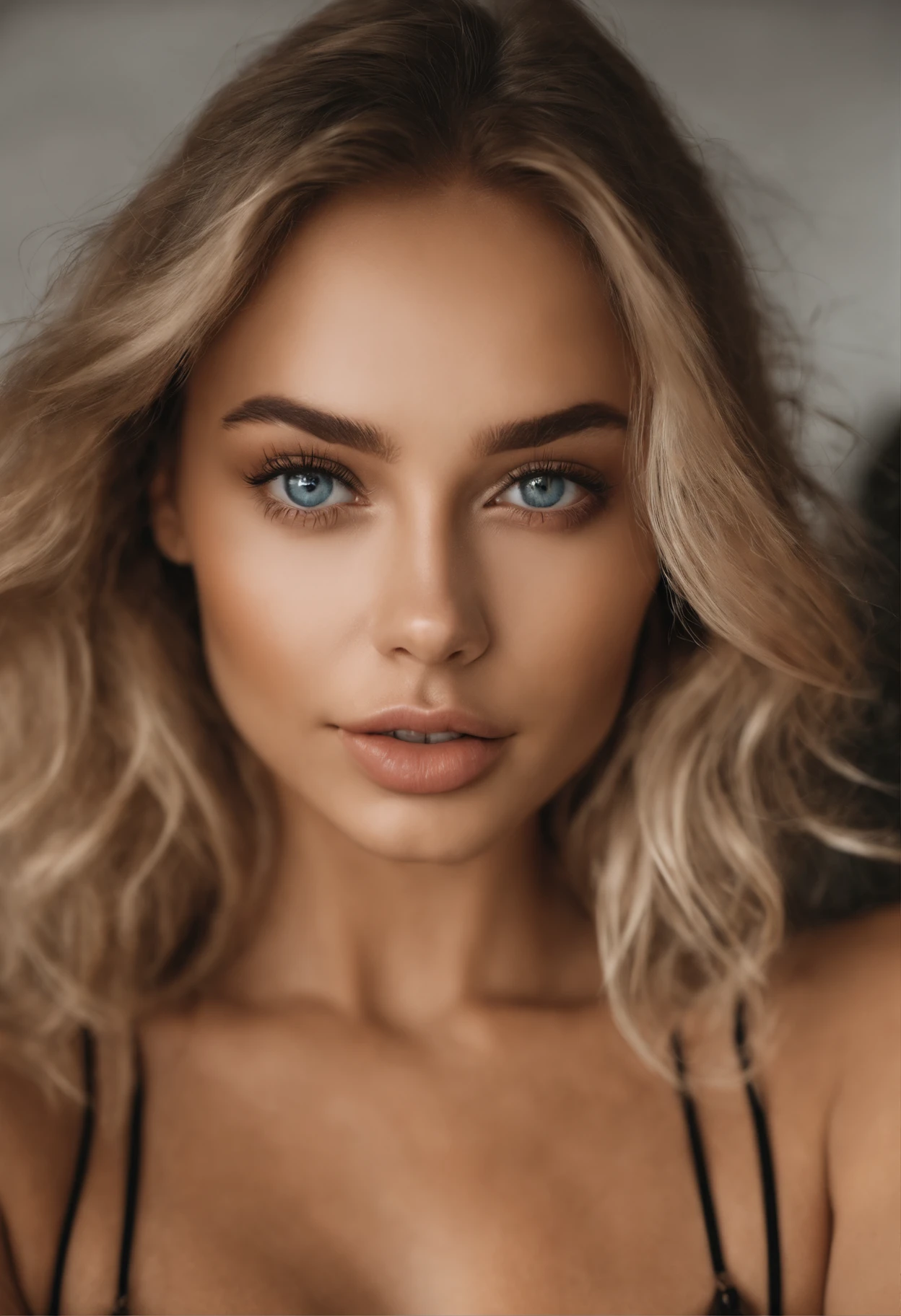 Arafed woman completely , fille sexy aux yeux bleus, ultra realist, Meticulously detailed, Portrait Sophie Mudd, cheveux blonds et grands yeux, selfie of a young woman, Yeux de chambre, Violet Myers, sans maquillage, maquillage naturel, looking straight at camera, Visage avec Artgram, Maquillage subtil, Great photo of the whole body kneeling on the bed, dans la chambre, Medium to large bust