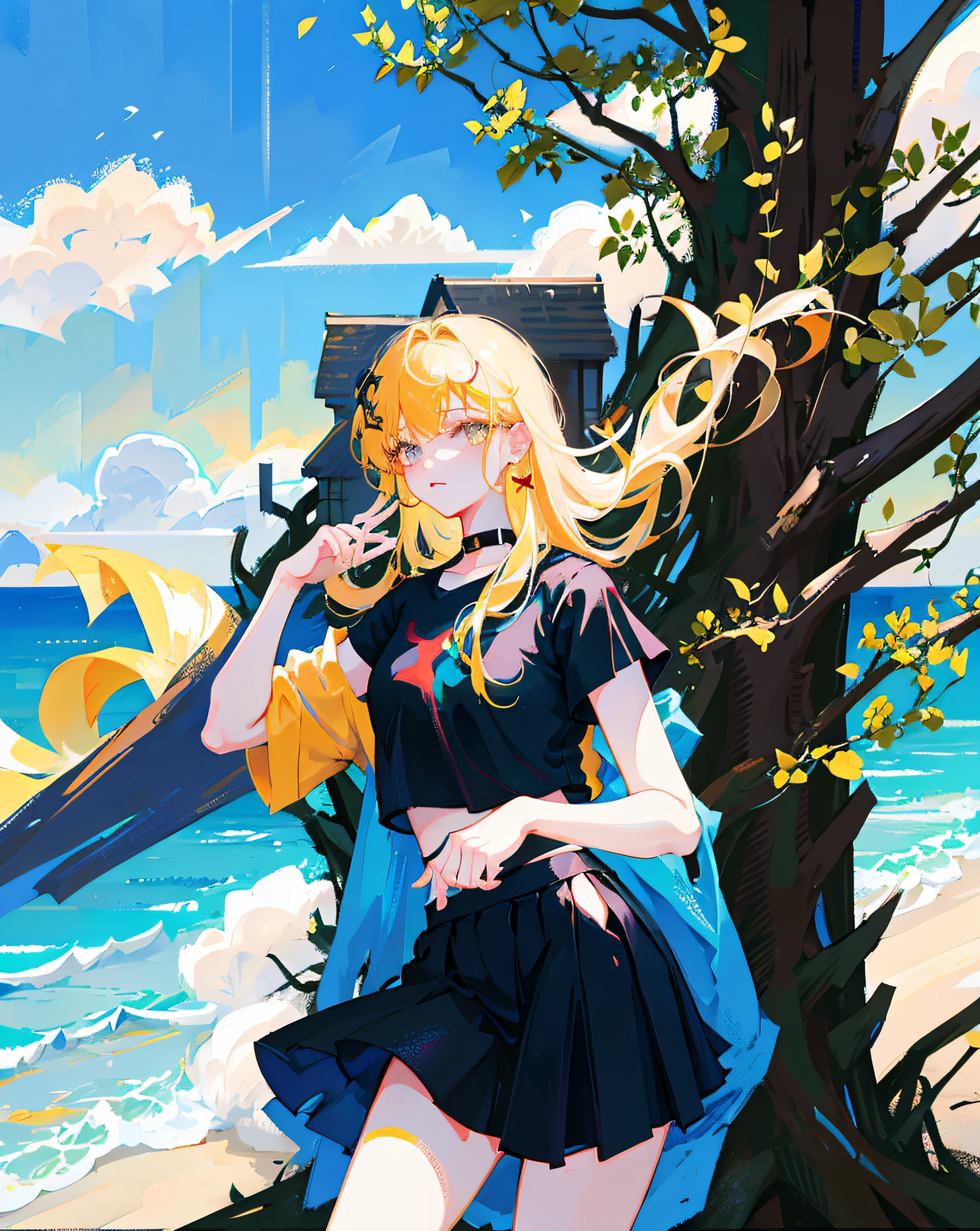 (Realistic painting style:1.0), Masterpiece, Best quality, absurderes, comic strip, illustration,
1 girl, Long hair, Cute girl, young and cute girl, Korean girl, {Breasts}, Hana,
A girl in a black dress sits on a rock next to a tree, wearing sexy cropped top, wearing crop top and miniskirt, Black top, wearing a black cropped tank top, Black skirt, a black choker,
Blonde, Blonde hair, blond hairbl,