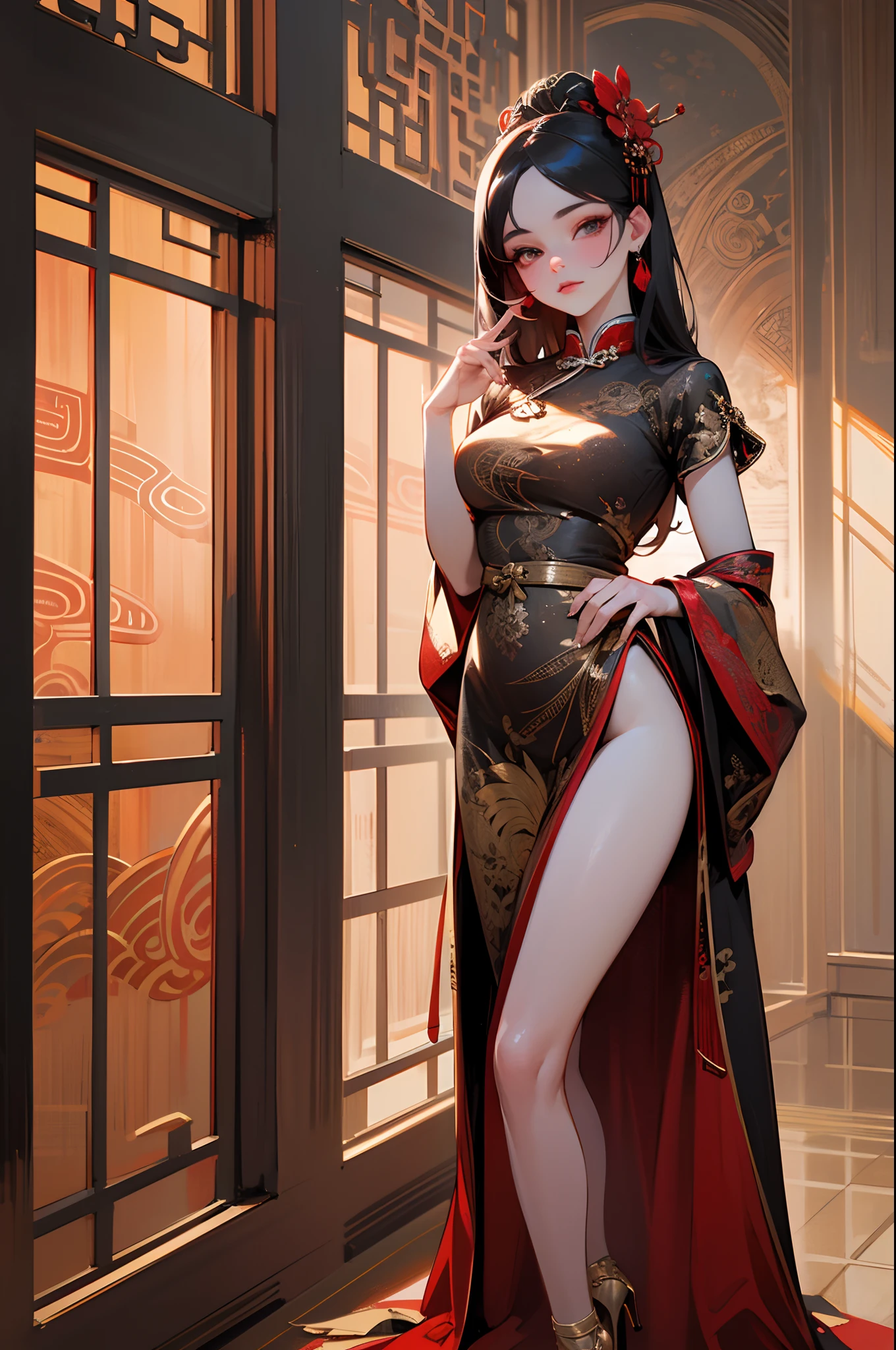 masterpiece, best quality, realistic, high res, beautiful, 8K, hyper realistic, visually stunning, deep red theme, dark crimson, looking at viewer ,full body,high heels, a girl wearing traditional red and gold chinese dress, intricate details, photorealistic, ultra detailed eyes and face --auto --s2