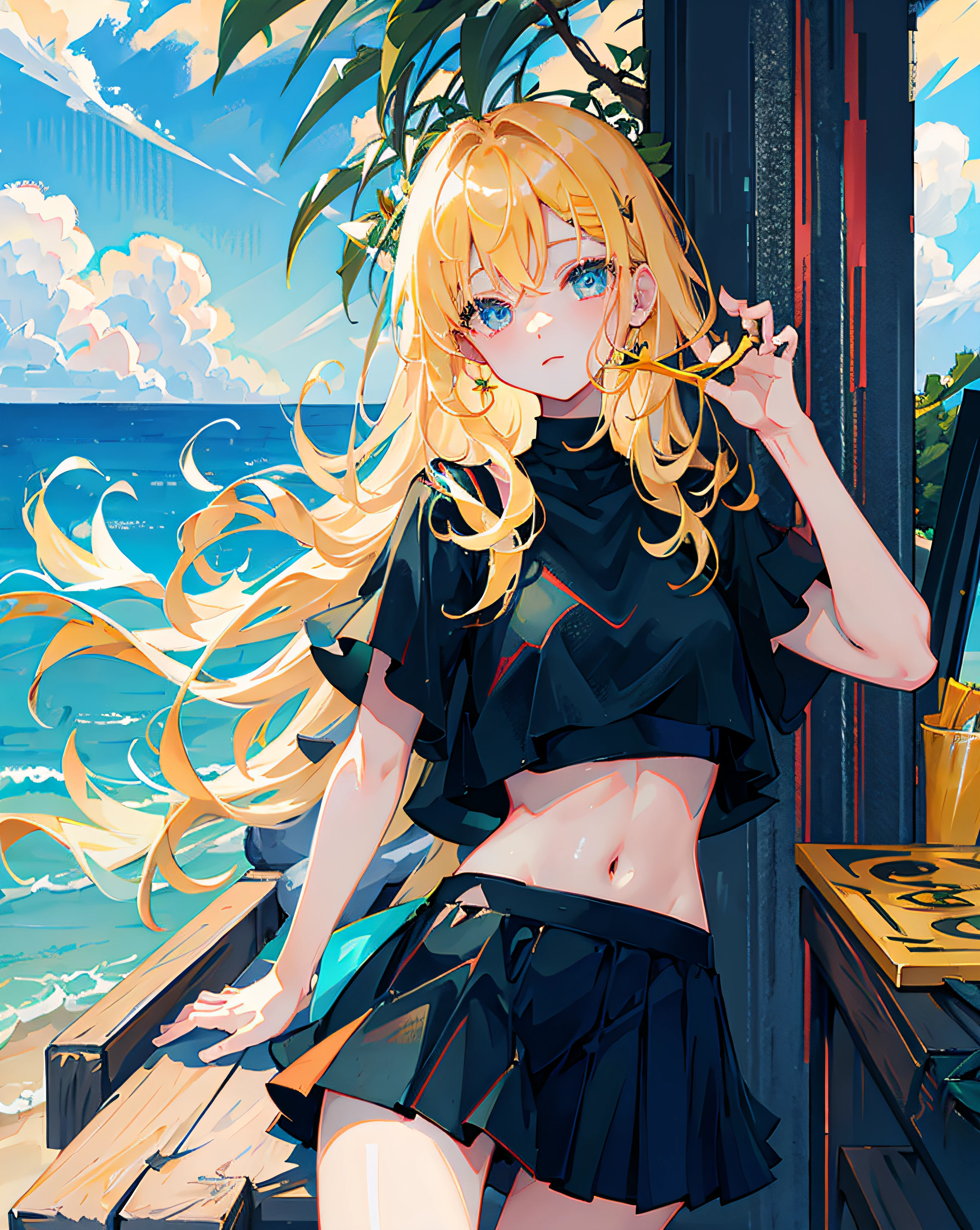 (Realistic painting style:1.0), Masterpiece, Best quality, absurderes, comic strip, illustration,
1 girl, Long hair, Cute girl, young and cute girl, Korean girl, {Breasts}, Hana,
A girl in a black dress sits on a rock next to a tree, wearing sexy cropped top, wearing crop top and miniskirt, Black top, wearing a black cropped tank top, Black skirt, a black choker,
Blonde, Blonde hair, blond hairbl,