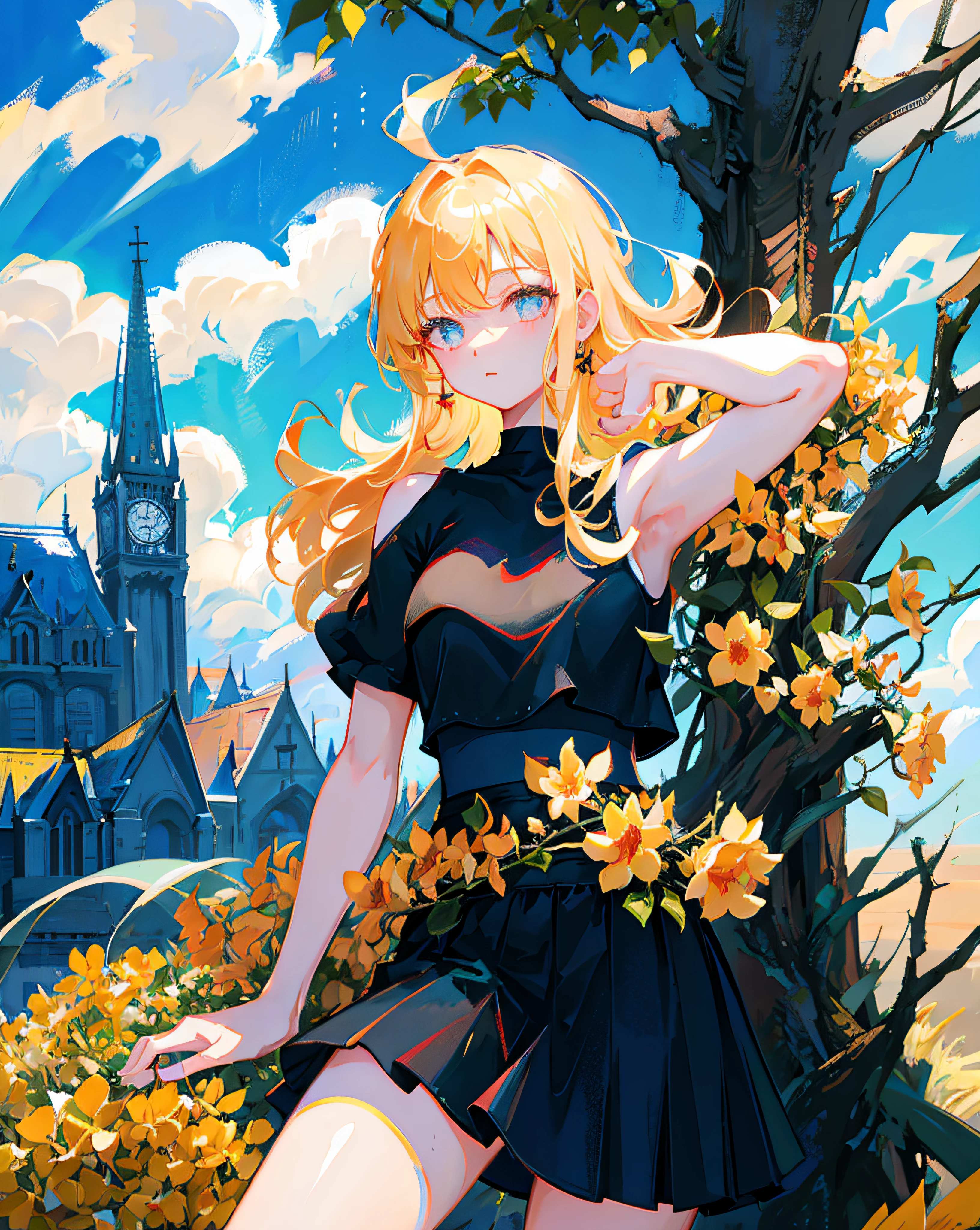 (Realistic painting style:1.0), Masterpiece, Best quality, absurderes, comic strip, illustration,
1 girl, Long hair, Cute girl, young and cute girl, Korean girl, {Breasts}, Hana,
A girl in a black dress sits on a rock next to a tree, wearing sexy cropped top, wearing crop top and miniskirt, Black top, wearing a black cropped tank top, Black skirt, a black choker,
Blonde, Blonde hair, blond hairbl,