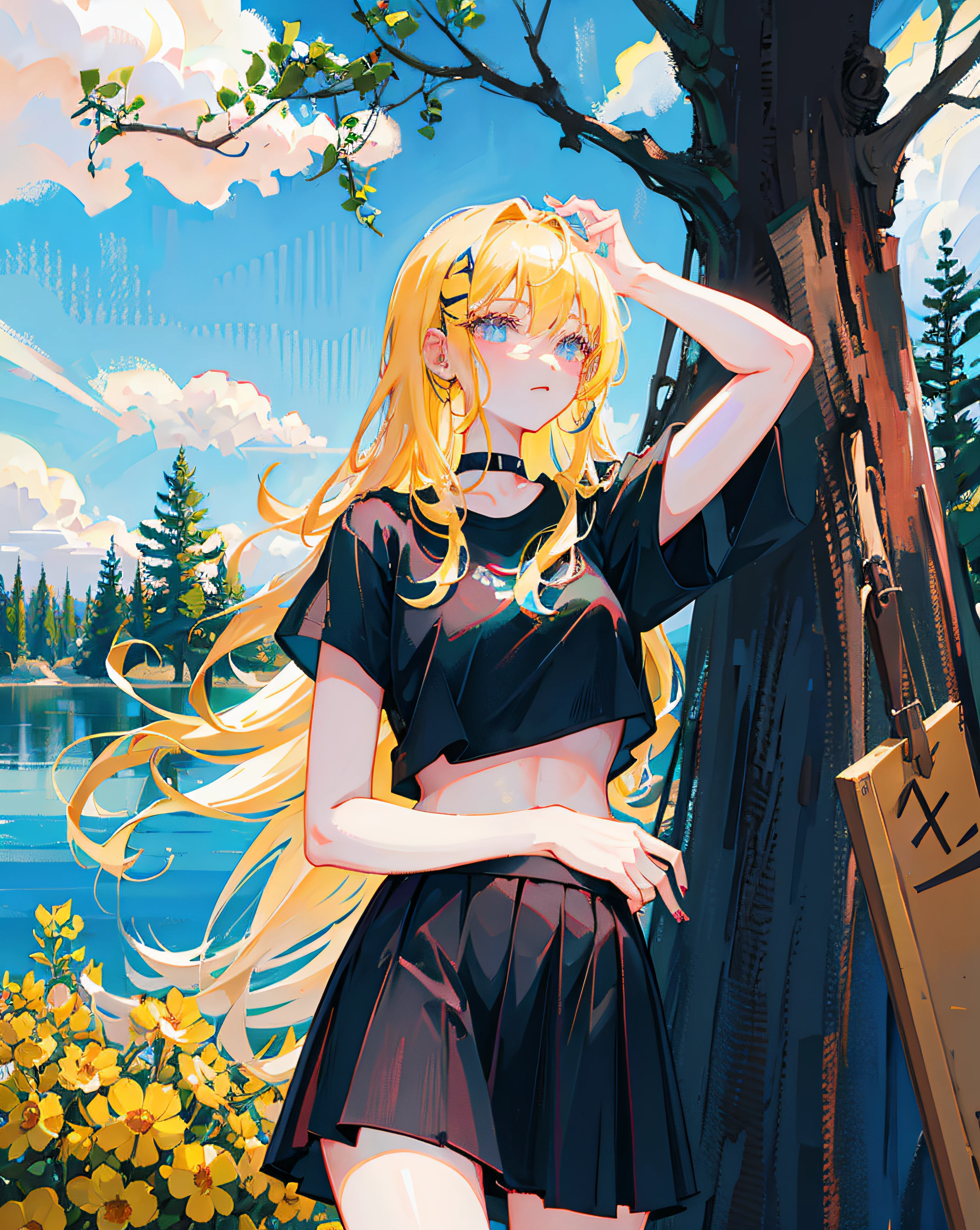 (Realistic painting style:1.0), Masterpiece, Best quality, absurderes, comic strip, illustration,
1 girl, Long hair, Cute girl, young and cute girl, Korean girl, {Breasts}, Hana, 
A girl in a black dress sits on a rock next to a tree, wearing sexy cropped top, wearing crop top and miniskirt, Black top, wearing a black cropped tank top, Black skirt, a black choker, 
Blonde, Blonde hair, blond hairbl,