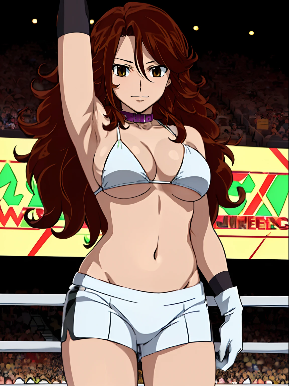 (wrestler), body view, anime style: 1.8, anime drawing, ultra detailed face, ultra detailed body, 4k, Sumergai Lee Noriega, (standing), best quality, anime style, hires, highest definition, digital blending, bold drawing lines, ((wwe diva), (location: wrestling arena, crowds watching), ( slim body, little biceps, thighs, off-shoulders, (curvy: 2.8)), ((white bikini, shorts, groin, , white gloves, collar, elbow pad)), victorious, winner, gentle, (big breasts, smile), (big eyes, brown eyes), (clapping), (brown hair, loose hair, curly hair, wavy hair, long hair, missy hair), 27 years old,