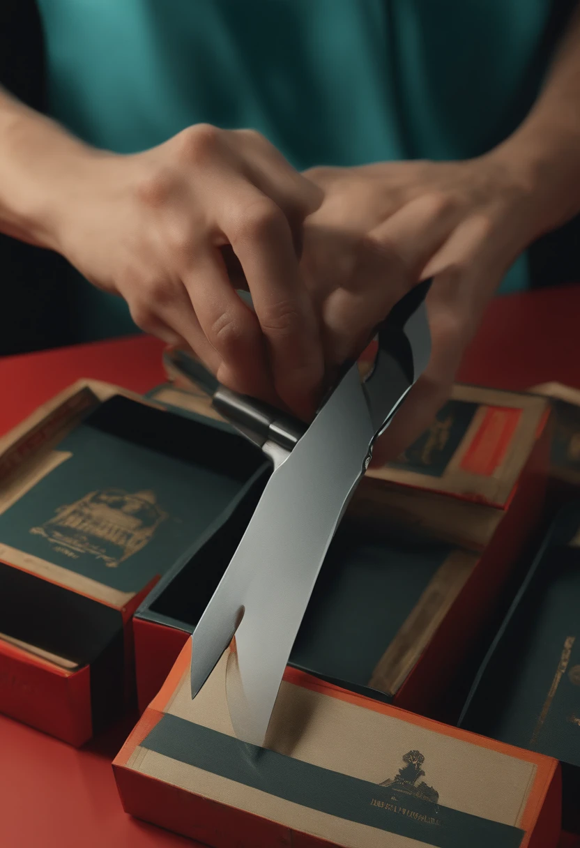 A person cutting the box tape with a mini knife in their hand, with only the box and hand visible. Surrealism, drop shadow, anaglyph, stereogram, pov, atmospheric perspective, (best quality, 4k, ultra-detailed, realistic:1.2), accurate, vivid colors.