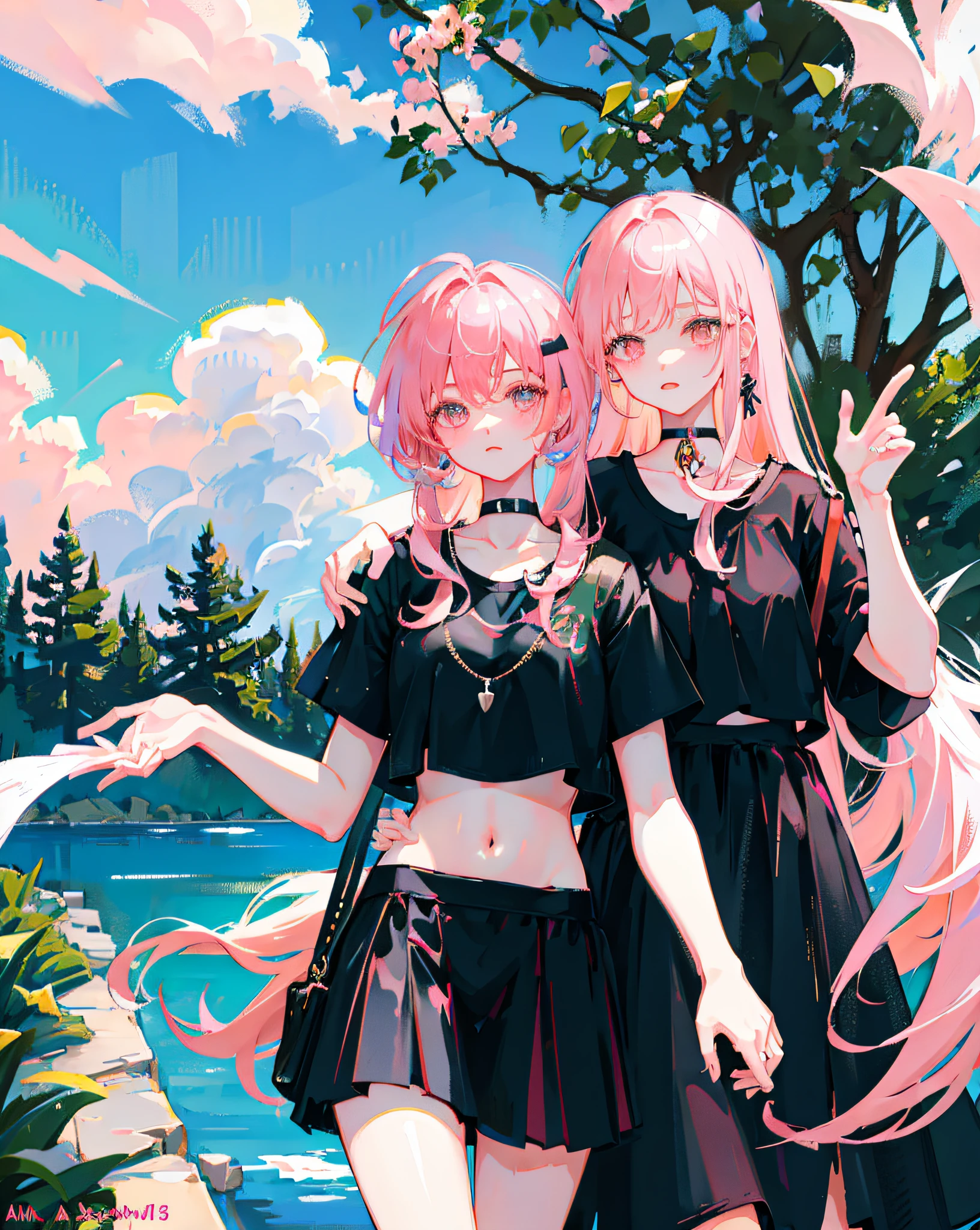(Realistic painting style:1.0), Masterpiece, Best quality, absurderes, comic strip, illustration,
1 girl, Long hair, Cute girl, young and cute girl, Korean girl, {Breasts}, Hana,
A girl in a black dress sits on a rock next to a tree, wearing sexy cropped top, wearing crop top and miniskirt, Black top, wearing a black cropped tank top, Black skirt, a black choker,
Pink hair, Pink hair, with pink hair, with pink hair,