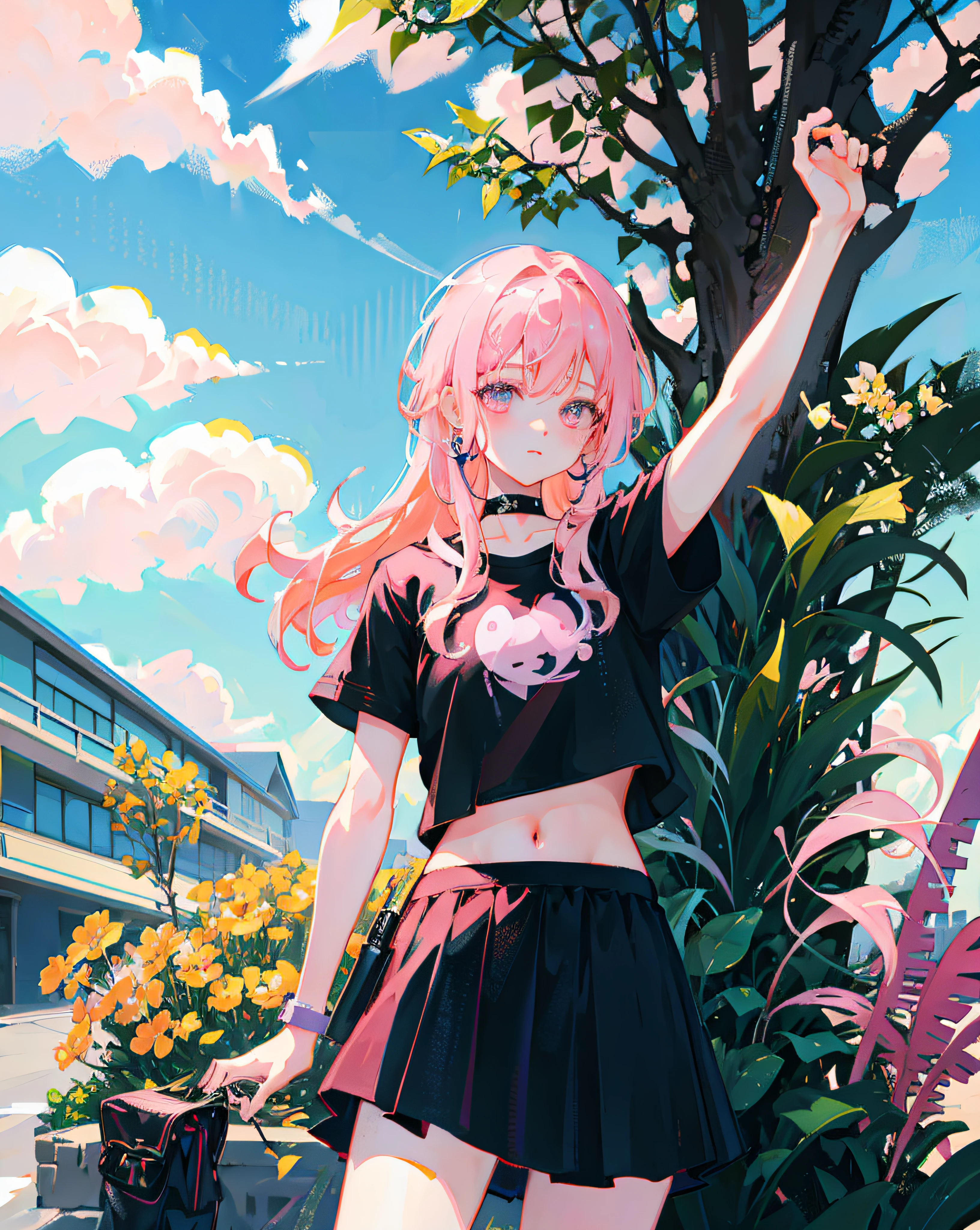 (Realistic painting style:1.0), Masterpiece, Best quality, absurderes, comic strip, illustration,
1 girl, Long hair, Cute girl, young and cute girl, Korean girl, {Breasts}, Hana,
A girl in a black dress sits on a rock next to a tree, wearing sexy cropped top, wearing crop top and miniskirt, Black top, wearing a black cropped tank top, Black skirt, a black choker,
Pink hair, Pink hair, with pink hair, with pink hair,