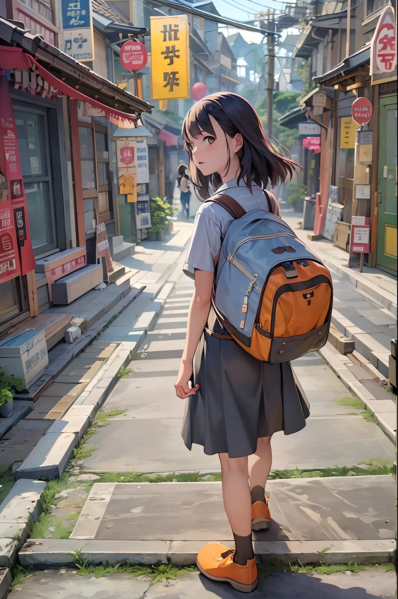 （（（Comic storyboard））），comic strip，Two-dimensional picture，Manhwa Style，Ultra-wide angle of view，China-style，A young girl carrying a school bag runs through the streets of a scenic town，Vivid and bright colors，super-fine，ultra - detailed，high qulity，8K ，oc rendered，dynamic viewing angle，Hyper-realistic，Hyper Real，Ultra photo realsisim