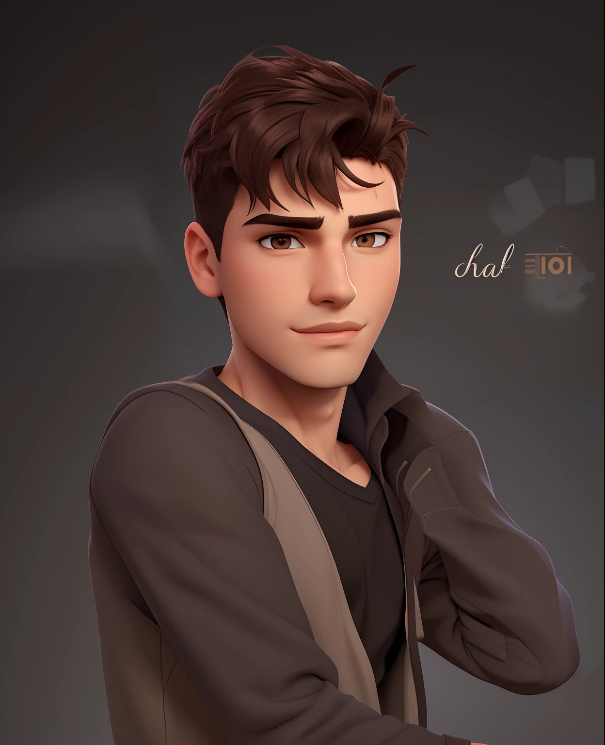 an incredibly handsome and hot young man aged 19 with short dark brown hair and brown eyes, angular jaw, box face, stubble beard, tall and lean, wearing a casual shirt and a cap. dark grey background and studio lighting, yearbook pose, character close-up, character headshot portrait, character close-up.