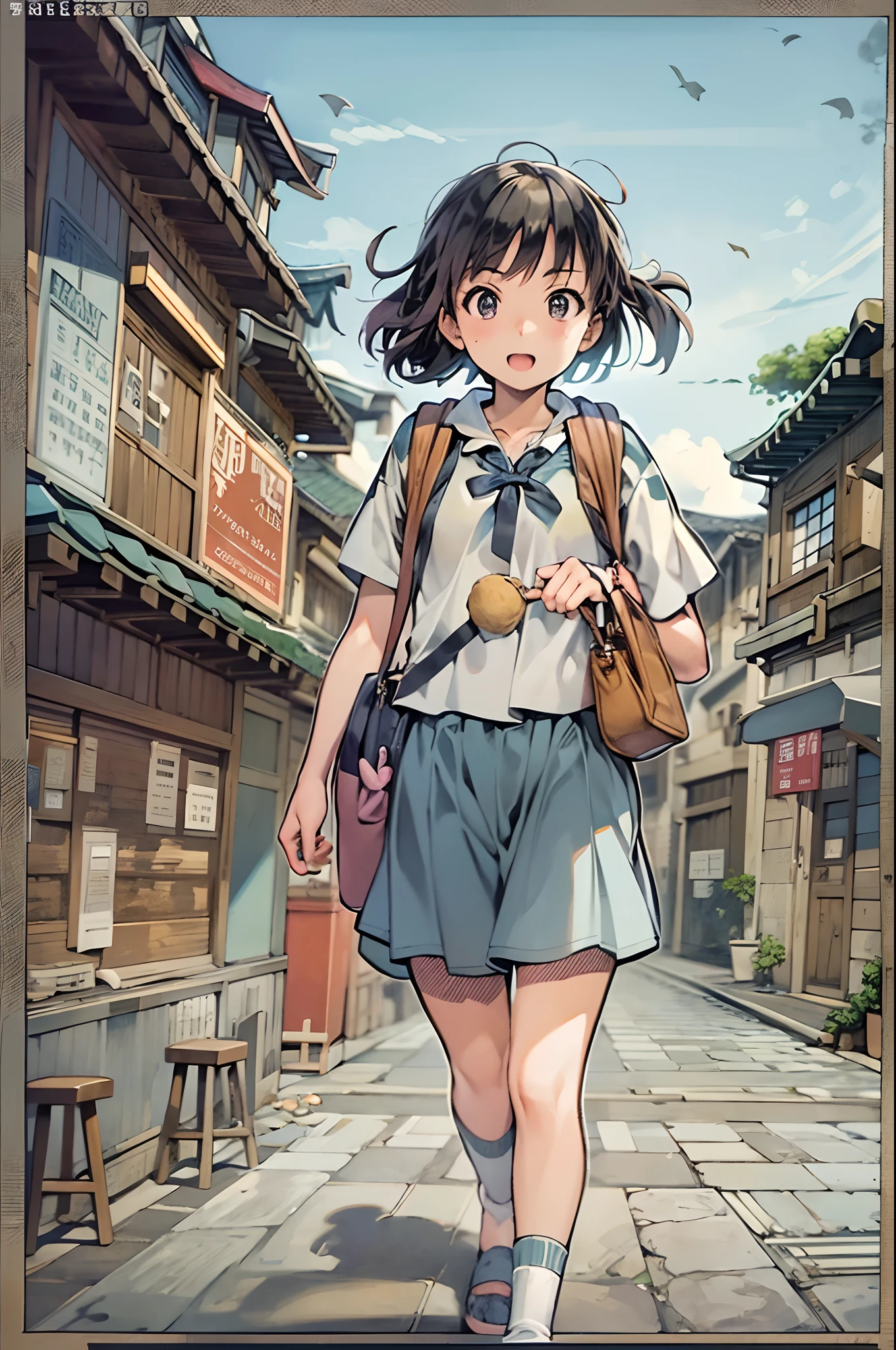 （（（Comic storyboard））），comic strip，Two-dimensional picture，Manhwa Style，Ultra-wide angle of view，China-style，A young girl carrying a school bag runs through the streets of a scenic town，Vivid and bright colors，super-fine，ultra - detailed，high qulity，8K ，oc rendered，dynamic viewing angle，Hyper-realistic，Hyper Real，Ultra photo realsisim