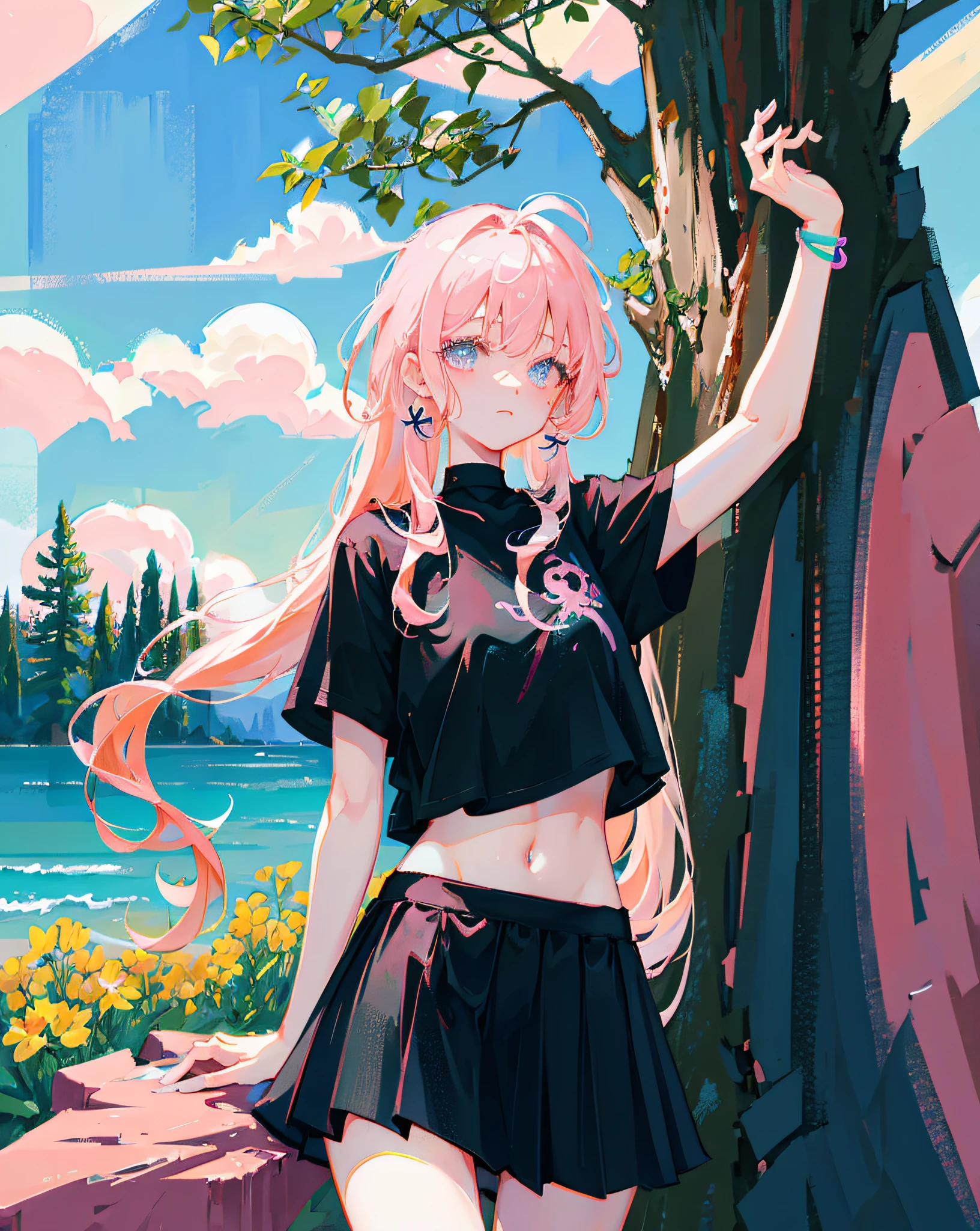 (Realistic painting style:1.0), Masterpiece, Best quality, absurderes, comic strip, illustration,
1 girl, Long hair, Cute girl, young and cute girl, Korean girl, {Breasts}, Hana, 
A girl in a black dress sits on a rock next to a tree, wearing sexy cropped top, wearing crop top and miniskirt, Black top, wearing a black cropped tank top, Black skirt, a black choker, 
Pink hair, Pink hair, with pink hair, with pink hair,