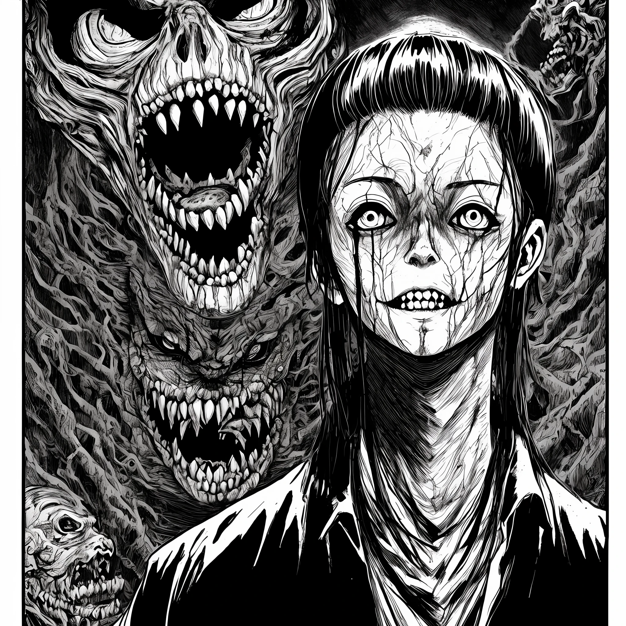 surrounded by shadows and monsters, eerie and haunted atmosphere, in Junji Ito style, horror manga, black and white inked, detailed, sharp focus, trending on ArtStation, by Junji Ito, Ally Burke, Laurie Greasley, and Chet Zar. The portrait is highly detailed and intricate, with a dark and unsettling atmosphere that captures the essence of Junji Ito's horror manga. The use of black and white inked lines creates a stark contrast that adds to the chilling feeling of the portrait. A must-see for fans of Junji Ito's work.