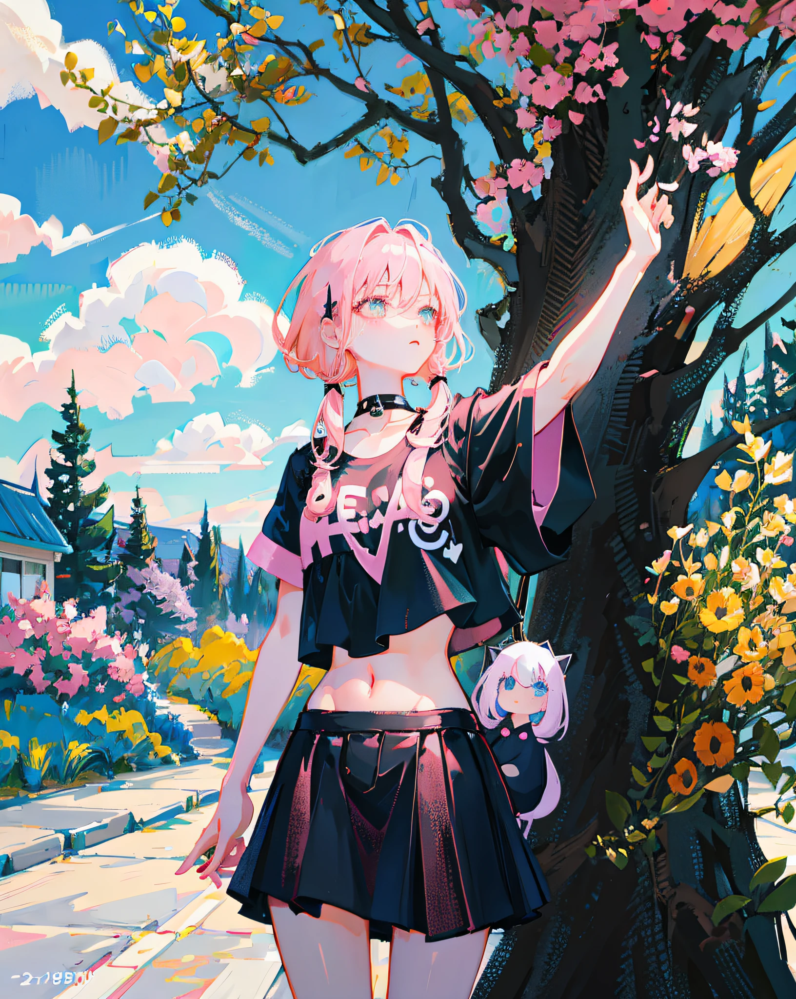 (Realistic painting style:1.0), Masterpiece, Best quality, absurderes, comic strip, illustration,
1 girl, Long hair, Cute girl, young and cute girl, Korean girl, {Breasts}, Hana, 
A girl in a black dress sits on a rock next to a tree, wearing sexy cropped top, wearing crop top and miniskirt, Black top, wearing a black cropped tank top, Black skirt, a black choker, 
Pink hair, Pink hair, with pink hair, with pink hair,