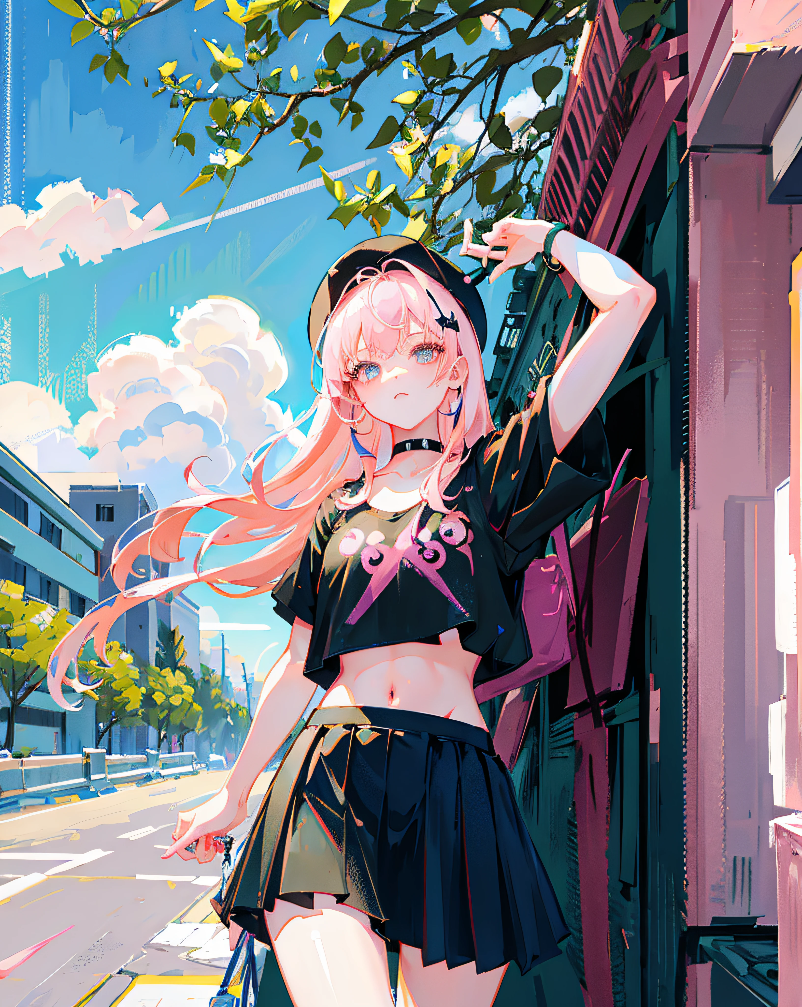 (Realistic painting style:1.0), Masterpiece, Best quality, absurderes, comic strip, illustration,
1 girl, Long hair, Cute girl, young and cute girl, Korean girl, {Breasts}, Hana,
A girl in a black dress sits on a rock next to a tree, wearing sexy cropped top, wearing crop top and miniskirt, Black top, wearing a black cropped tank top, Black skirt, a black choker,
Pink hair, Pink hair, with pink hair, with pink hair,