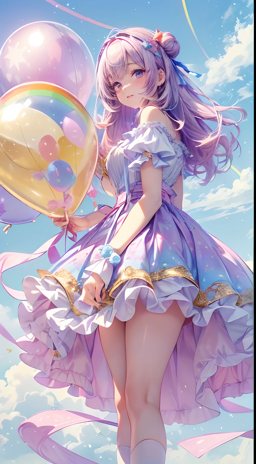 (full bodyesbian, Legs and shoes are visible: 1.2)) Expressive eyes, woman, Pale skin, Long hair, windblown hair, ((Absurdly long hair)), Long-sided locks, hime bangs, Hair tassels, hair-bun, ((Very long double tail)), rainbow colour hair, Light pink hair, Blushing, Full face flushed, Big sparkling lilac eyes, (Gradient eyes), open-mouth smile, Cute pose, ((holding balloons : 1.3)) 
((Lovely soft fashion)) ((🌞🥳😃🌹🌷🌳 Theme : 1.4)) A flowing soft dress, ((Fantastic colorful open dress)), (Floating ribbons), Lavender ruffles, Pink frills, (Light blue lace), detached short sleeves, Puffy skirt, ((Rainbow and star print skirt : 1.3)), Lolita skirt, Purple bow, ((Pompom ribbon hair ornament : 1.4)), Multi-bow, Striped lace stockings, (Heart-shaped garter), Cute (lilac colors) shoes ((Super fine clothing and fashion)) Looking at you, Vintage girl, Blushing, (Beautiful detailed eyes), (Extremely detailed Cg Unity 8K wallpaper) (Best shadow), ((An extremely delicate and beautiful)), (Detailed light), ((Depth of field)) Big head, Big sparkling eyes, Moe, Splash Art, Cinematic lighting, Frontal view, Volumetric lighting Minimalist photo illustration 64K resolution High resolution Intricate details Complex key Vision Precise linearity 
((On dreamy pastel sky background, Surrounded by sunset clouds, meteors, castle in the clouds)) ((Ultra detailed scenery, Fog clouds, Suspended by balloons, red peach : 1.3))