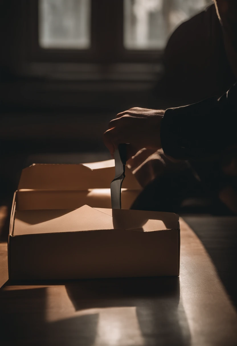 A person holding a small knife in their hand, cutting the tape on a shipping box. The focus of the image should be on the box and the knife only. The person can be shown from a surreal perspective, with exaggerated proportions or floating in the air. The background should have a drop shadow effect to create depth and dimension. The overall style of the image should be surrealism, with dream-like colors and distorted details. The image should have a 4k resolution and be of the highest quality, capturing every precise detail. The lighting should create a moody atmosphere, emphasizing the surreal elements.