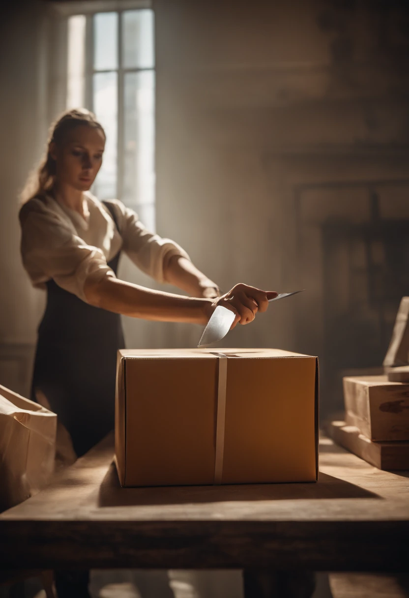 A person holding a small knife in their hand, cutting the tape on a shipping box. The focus of the image should be on the box and the knife only. The person can be shown from a surreal perspective, with exaggerated proportions or floating in the air. The background should have a drop shadow effect to create depth and dimension. The overall style of the image should be surrealism, with dream-like colors and distorted details. The image should have a 4k resolution and be of the highest quality, capturing every precise detail. The lighting should create a moody atmosphere, emphasizing the surreal elements.