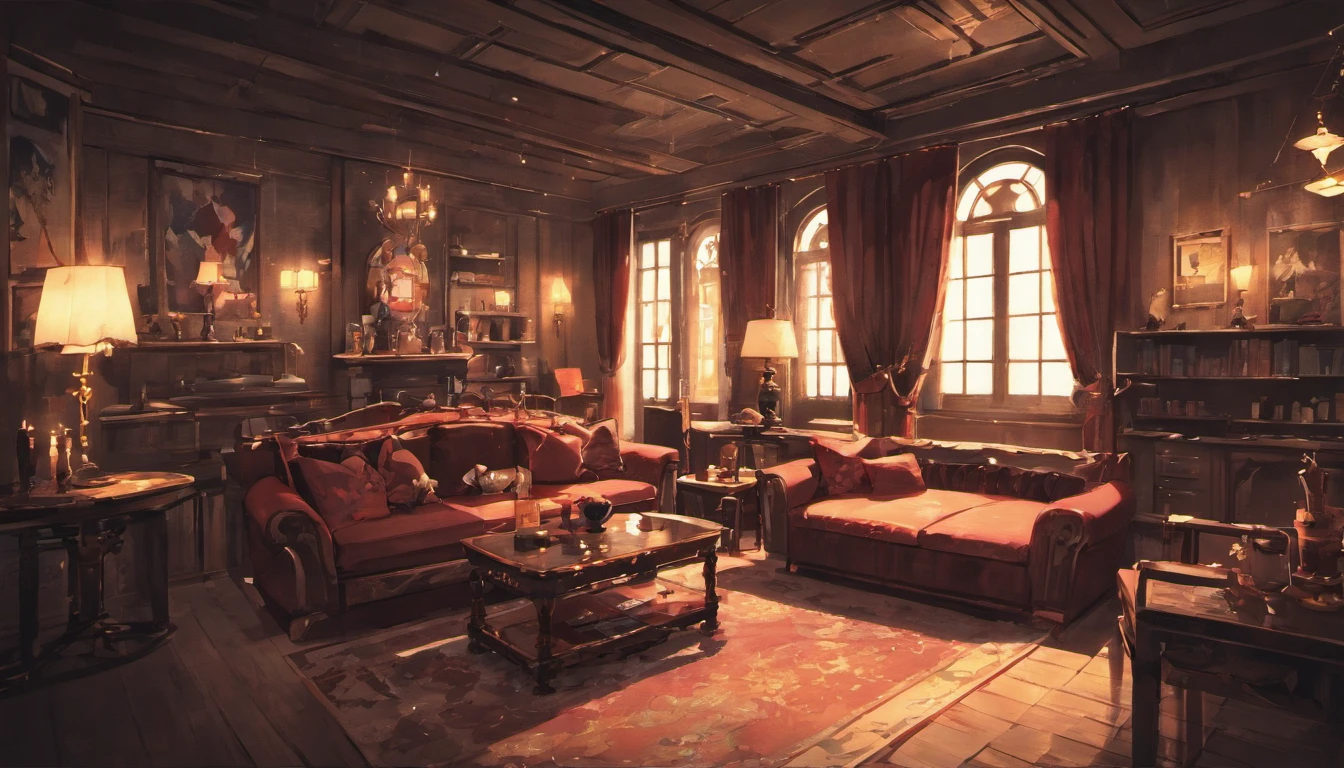 A big house living room, plush, center table, mini bar, dark, night, moon light entering, big windows, casting dark mafia vibes