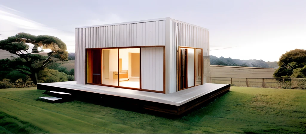 prefab house, style Japan, on a grass hill, white wooden walls, black door