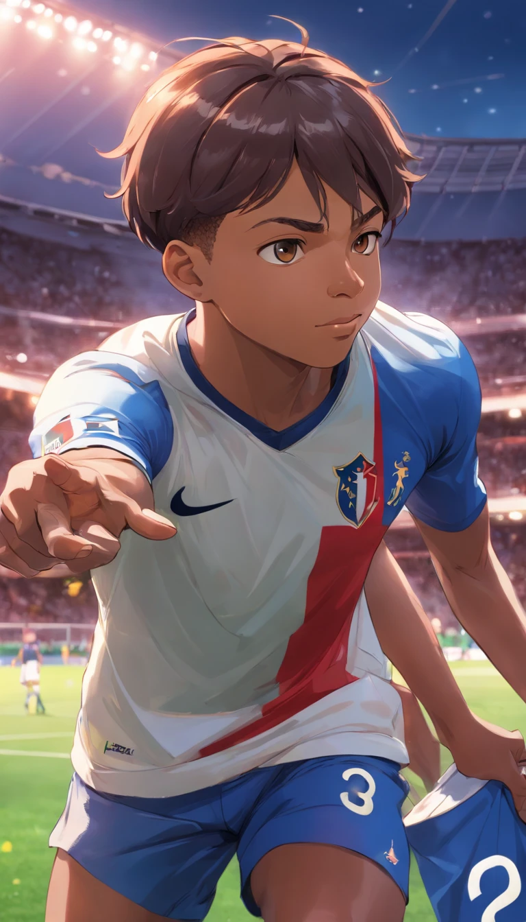 Kyllian Mbappe with the jersey of the France team in realistic mode , Standard Scenario , regarder fixement , (( Image without deformities )) , Better resolution , beste-Qualit , шедевр