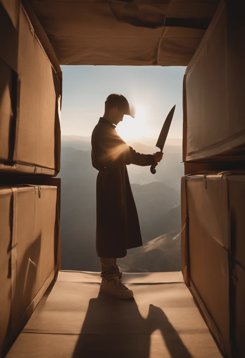 A person holding a small knife in their hand, cutting the tape on a shipping box. The focus of the image should be on the box and the knife only. The person can be shown from a surreal perspective, with exaggerated proportions or floating in the air. The overall style of the image should be surrealism, with dream-like colors and distorted details. The image should have a 4k resolution and be of the highest quality, capturing every precise detail.