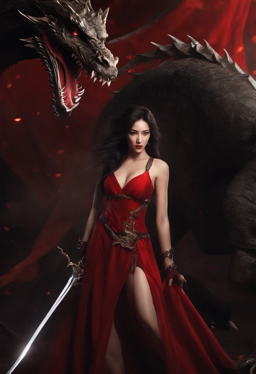 arafed woman in a red dress with a sword and a dragon, seductive cyberpunk dark fantasy, dancer of the underworld, a beautiful woman warrior, beautiful elegant demon queen, beautiful female warrior, 3 d render character art 8 k, beautiful cyborg priestess, dark demonic dancer, tifa, inspired by Chen Yifei, seductive tifa lockhart portrait