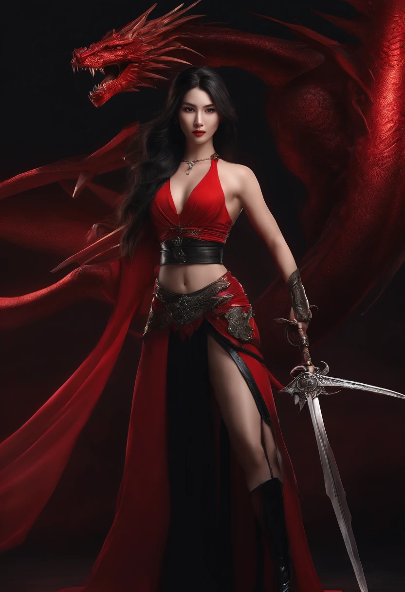 arafed woman in a red dress with a sword and a dragon, seductive cyberpunk dark fantasy, dancer of the underworld, a beautiful woman warrior, beautiful elegant demon queen, beautiful female warrior, 3 d render character art 8 k, beautiful cyborg priestess, dark demonic dancer, tifa, inspired by Chen Yifei, seductive tifa lockhart portrait