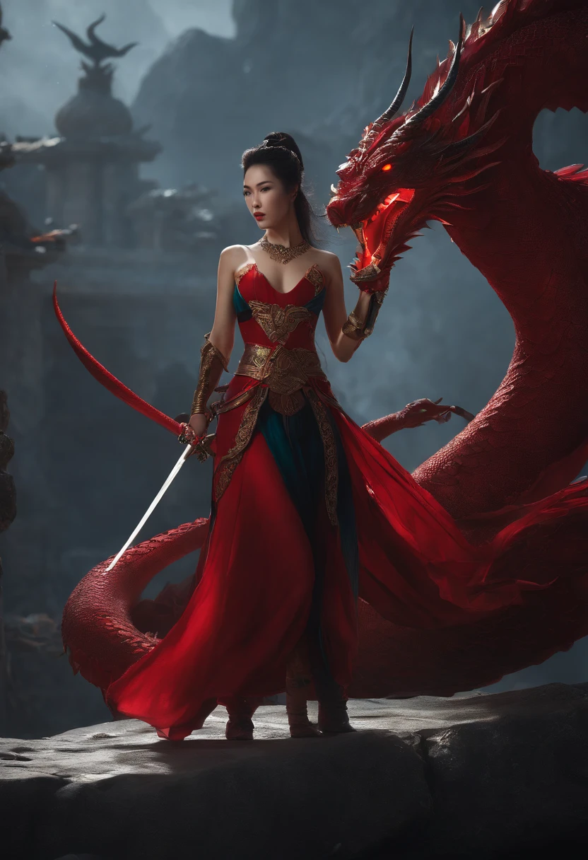 arafed woman in a red dress with a sword and a dragon, concept art inspired by Chen Yifei, cgsociety contest winner, fantasy art, seductive cyberpunk dark fantasy, dancer of the underworld, a beautiful woman warrior, beautiful elegant demon queen, beautiful female warrior, 3 d render character art 8 k, beautiful cyborg priestess, dark demonic dancer