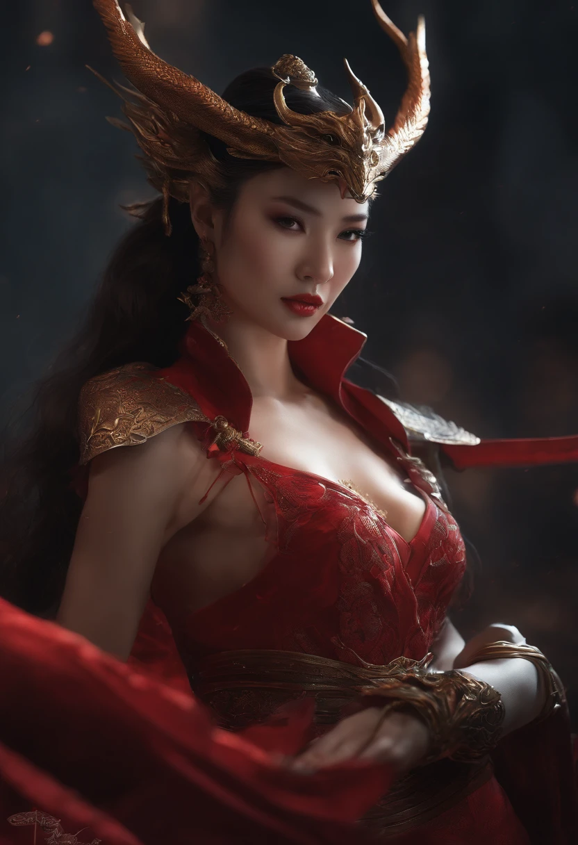 arafed woman in a red dress with a sword and a dragon, seductive cyberpunk dark fantasy, dancer of the underworld, a beautiful woman warrior, beautiful elegant demon queen, beautiful female warrior, 3 d render character art 8 k, beautiful cyborg priestess, dark demonic dancer, tifa, inspired by Chen Yifei, seductive tifa lockhart portrait