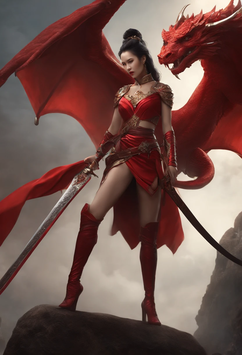 arafed woman in a red dress with a sword and a dragon, concept art inspired by Chen Yifei, cgsociety contest winner, fantasy art, seductive cyberpunk dark fantasy, dancer of the underworld, a beautiful woman warrior, beautiful elegant demon queen, beautiful female warrior, 3 d render character art 8 k, beautiful cyborg priestess, dark demonic dancer