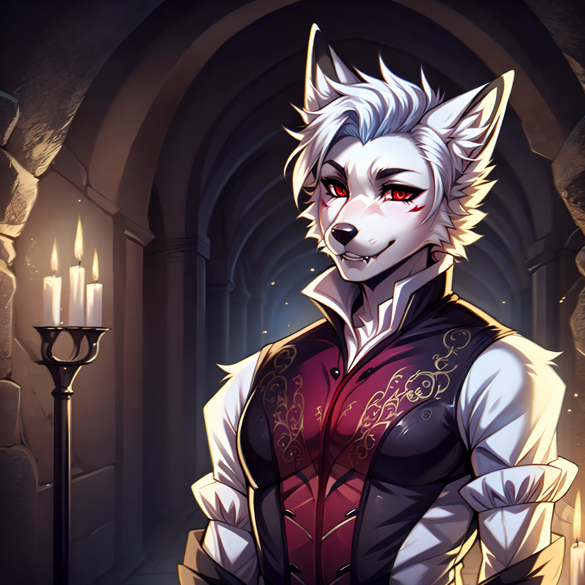 Astarion, white fox male, white hair, hair swept back, cute snout, vampire fangs, red eyes, fox ears, white furry body,elegant noble clothing, in a crypt, by fumiko, by hyattlen, by claweddrip