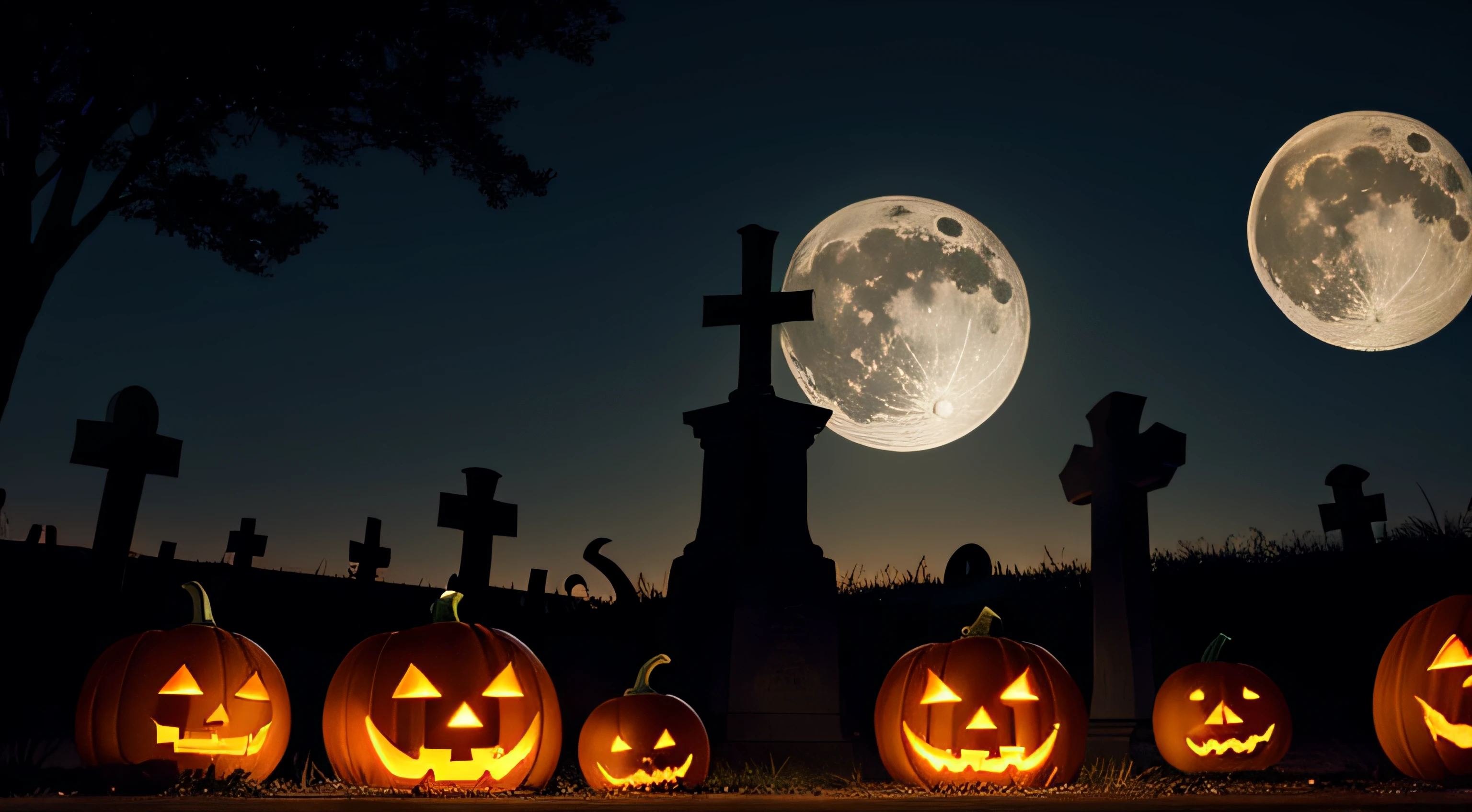 Jack 'O Lantern In Cemetery In Spooky Night With Full Moon - Halloween