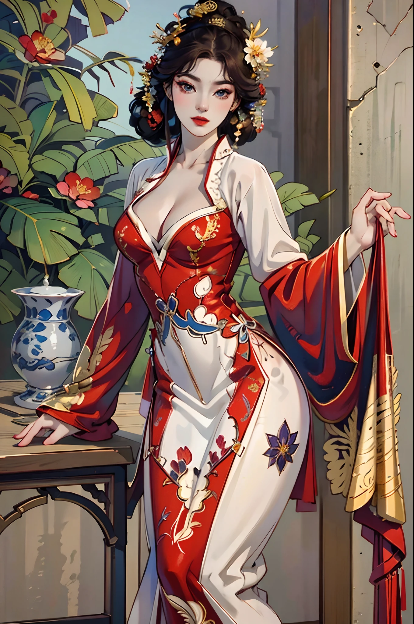 masterpiece, best quality, realistic, high res, beautiful, 8K, hyper realistic, visually stunning,  deep red theme, dark crimson, looking at viewer ,full body,high heels, a girl wearing traditional red cheongsam dress, cleavage, intricate details, photorealistic, ultra detailed eyes and face --auto --s2