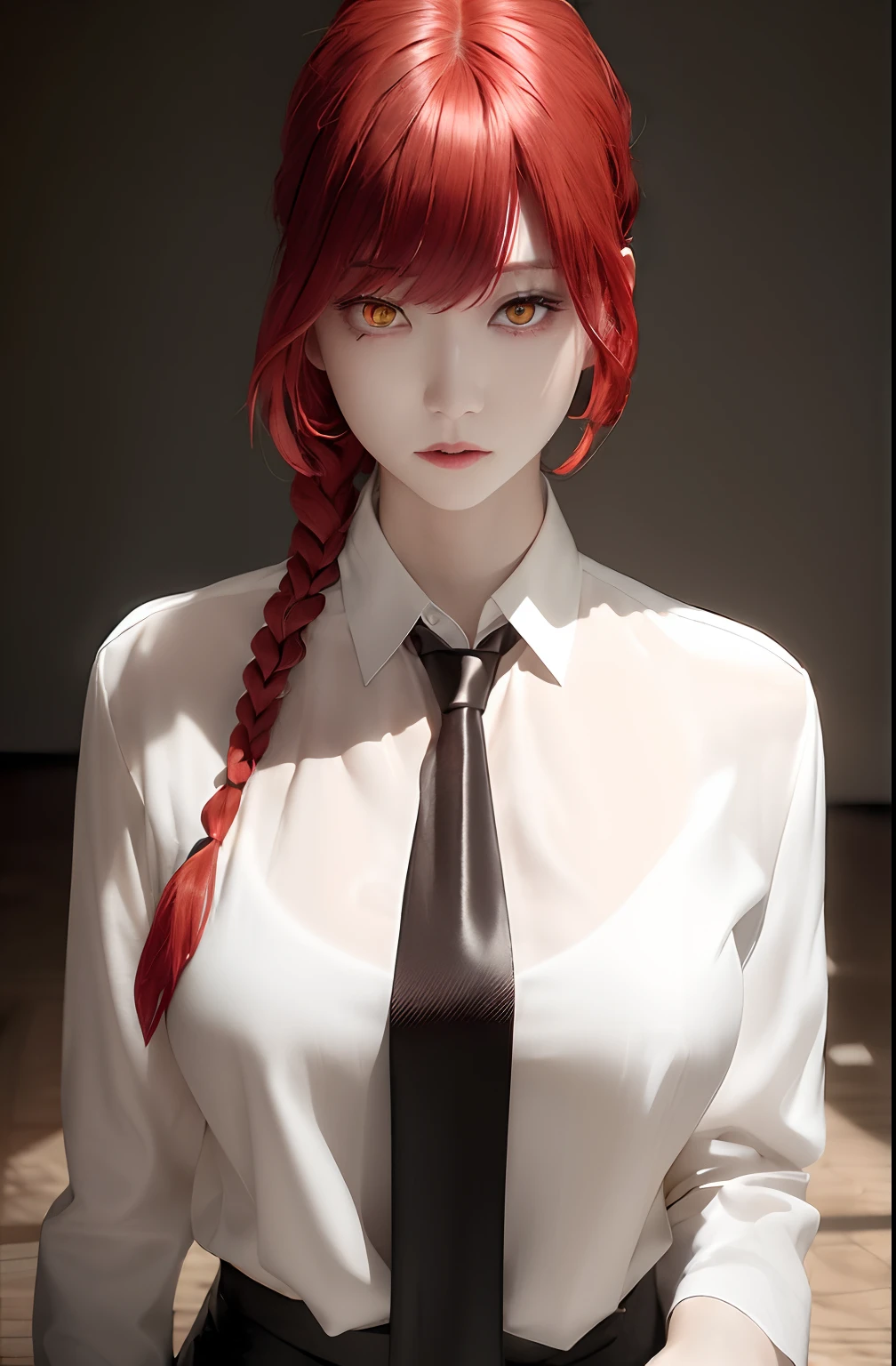 beautiful gorgeous Makima woman staring at the viewer, yellow eyes, sharp, red hair, white shirt, black mini skirt, black tie, volumetric lightning, superdetailed
