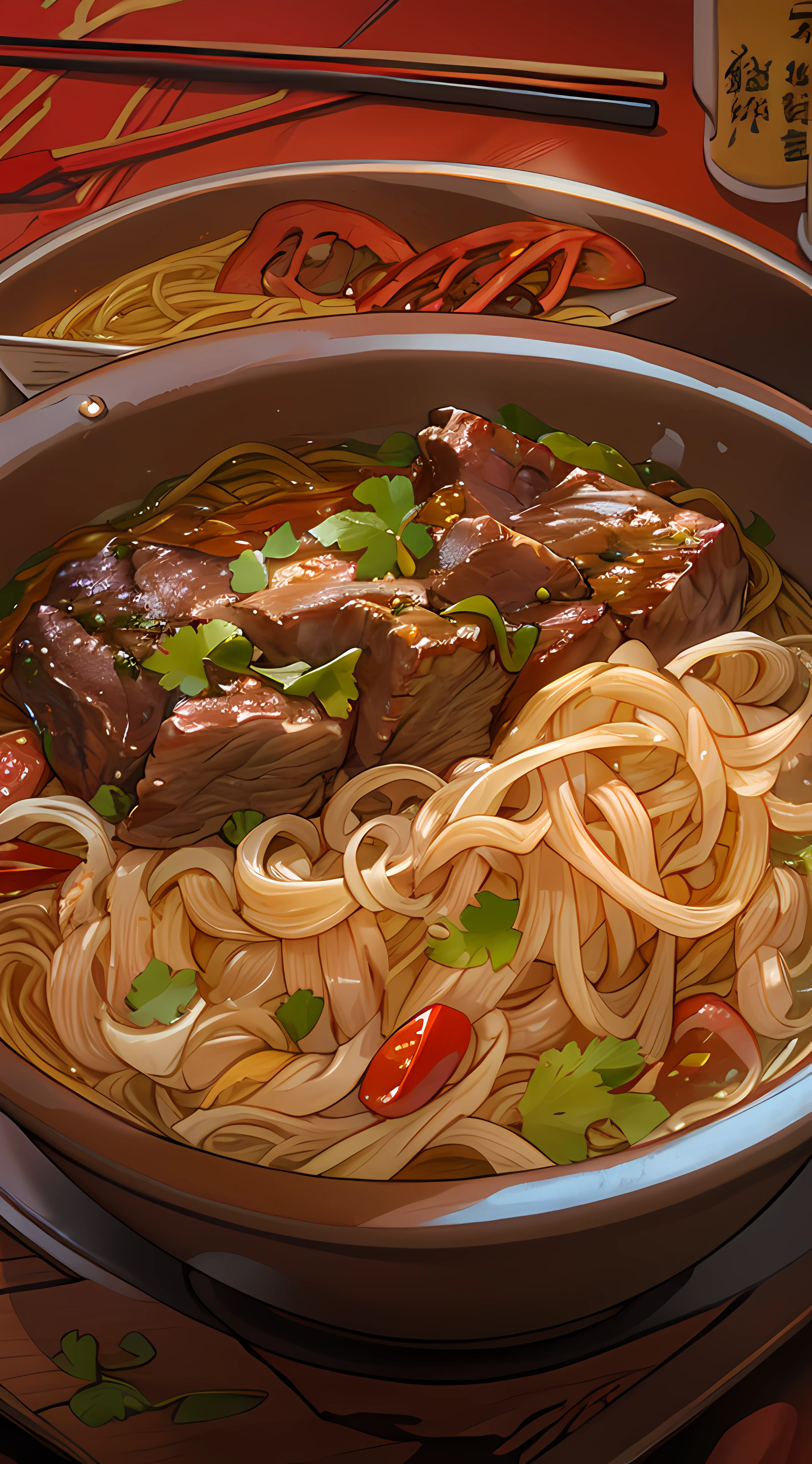 A close-up of a bowl of Chinese noodles with beef in it, in the style of colorful animation stills, sci-fi anime, dark red and dark amber, qian xuan, organic sculpting, accurate and detailed, animecore ,32k uhd, best quality, masterpiece, super detail, high details