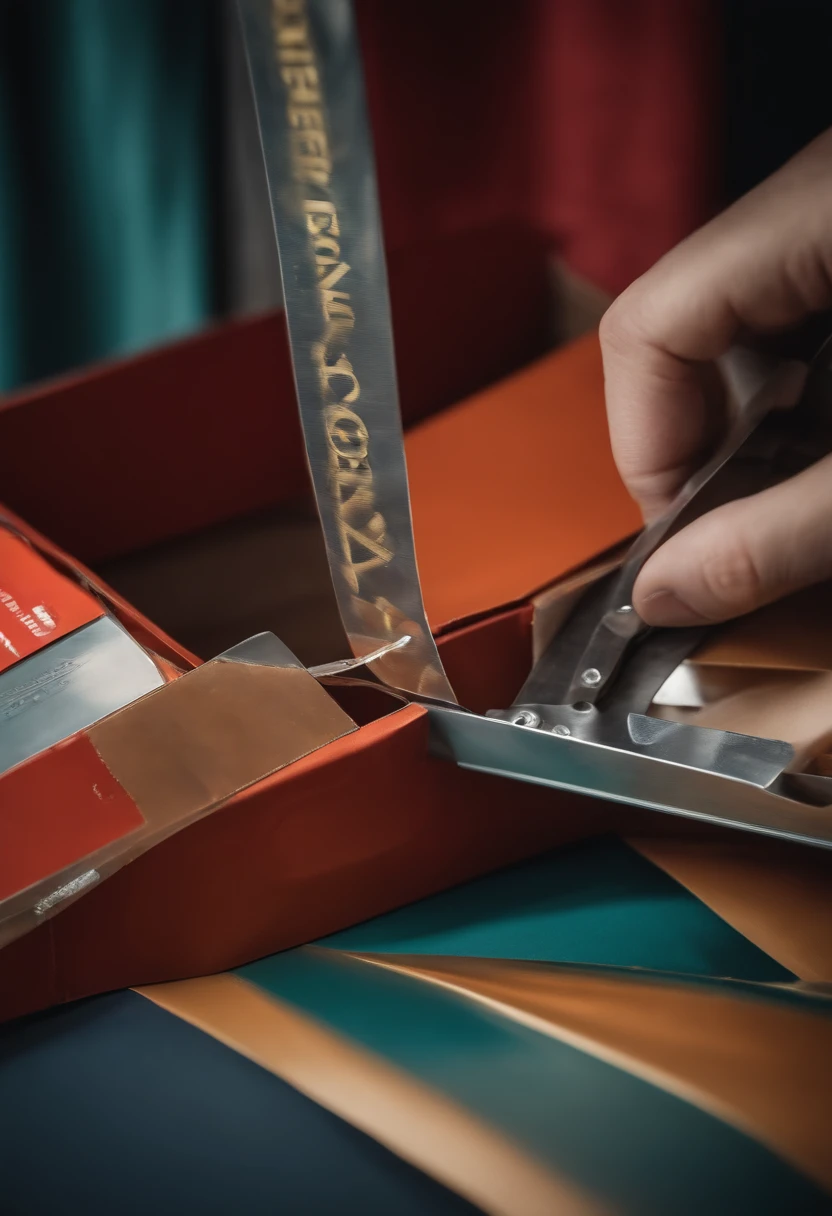 Cutting the tape on a closed shipping box. The focus of the image should be on the box and the knife only. The overall style of the image should be surrealism, with dream-like colors and distorted details. The image should have a 4k resolution and be of the highest quality, capturing every precise detail.