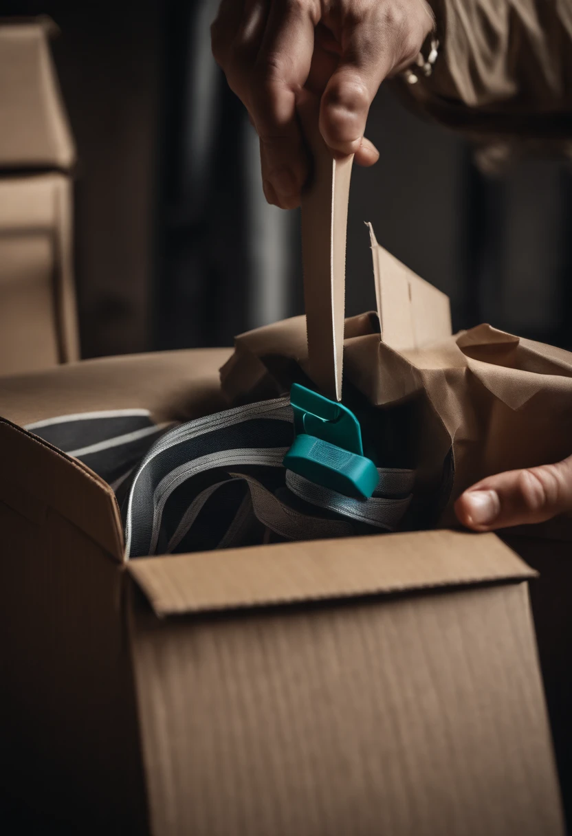 Cutting the tape on a closed shipping box. The focus of the image should be on the box and the knife only. The overall style of the image should be surrealism, with dream-like colors and distorted details. The image should have a 4k resolution and be of the highest quality, capturing every precise detail.