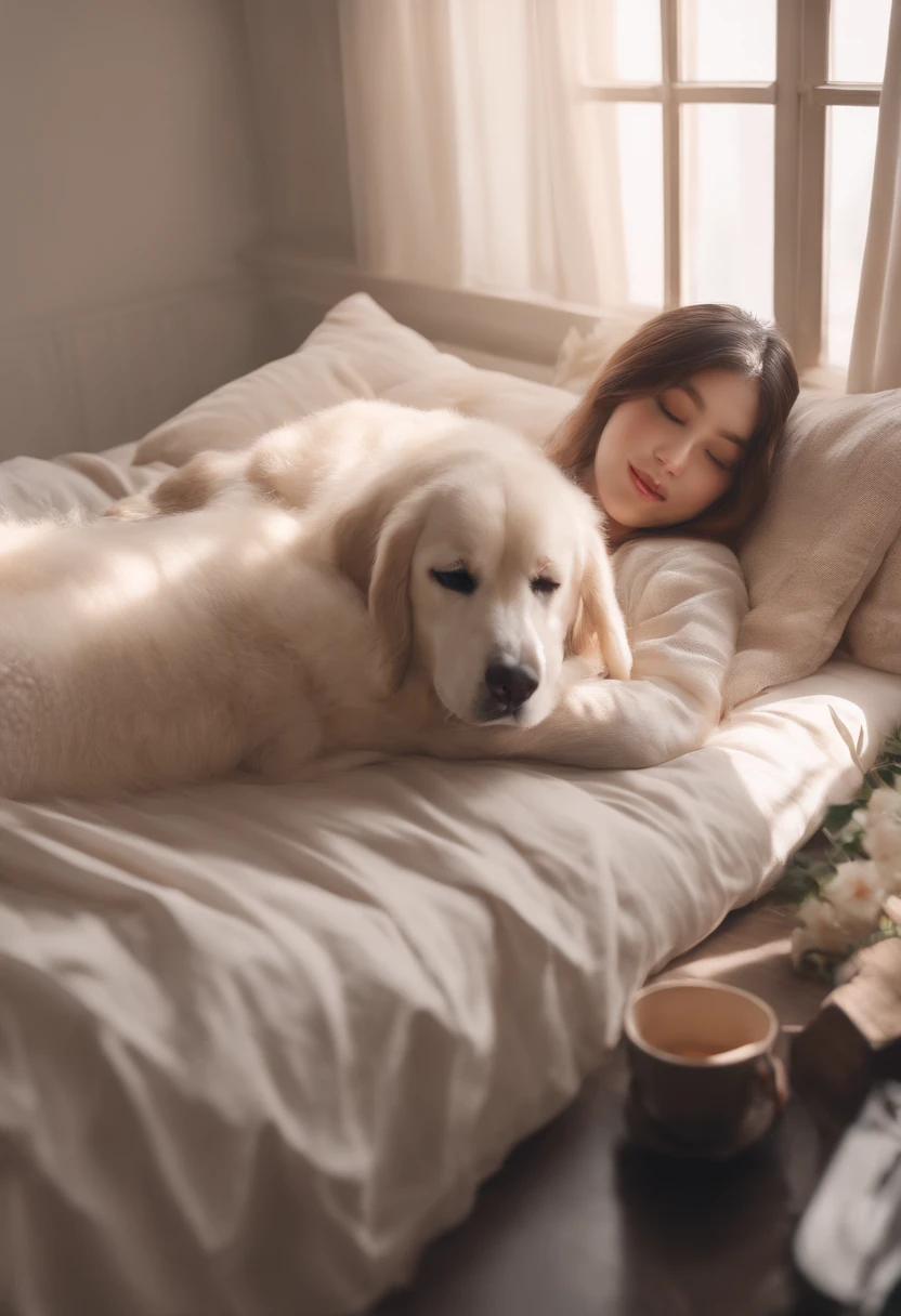 there is a woman laying on a bed with a dog, wlop |, wlop : : 5, loish and wlop, wlop!!, wlop and sakimichan, wlop art, wlop : :, by WLOP, inspired by WLOP, intricate wlop, wlop and artgerm, wlop and ross tran