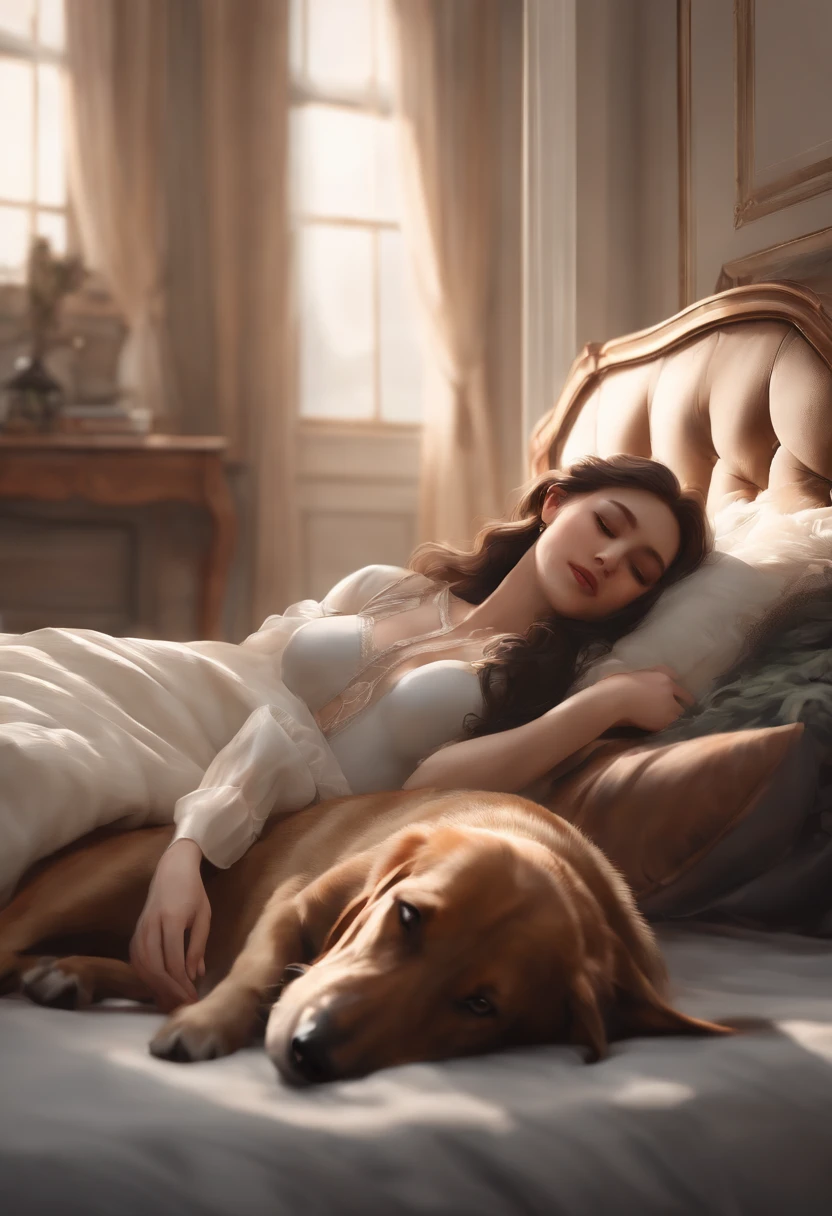 there is a woman laying on a bed with a dog, a digital painting by WLOP, pixiv contest winner, fantasy art, wlop |, wlop : : 5, loish and wlop, wlop!!, wlop and sakimichan, wlop art, wlop : :, intricate wlop, wlop and artgerm