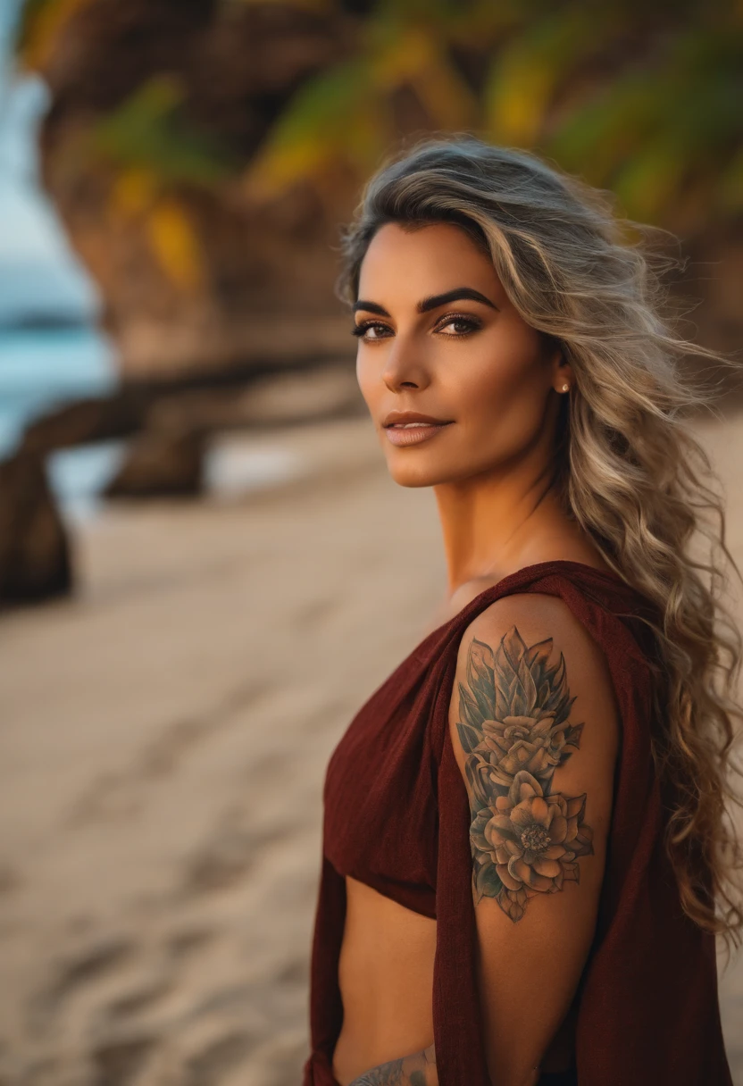 Mulher morena baixa, com cabelo preso, fisiculturista, com roupa de academia, with his right arm tattooed, na praia
