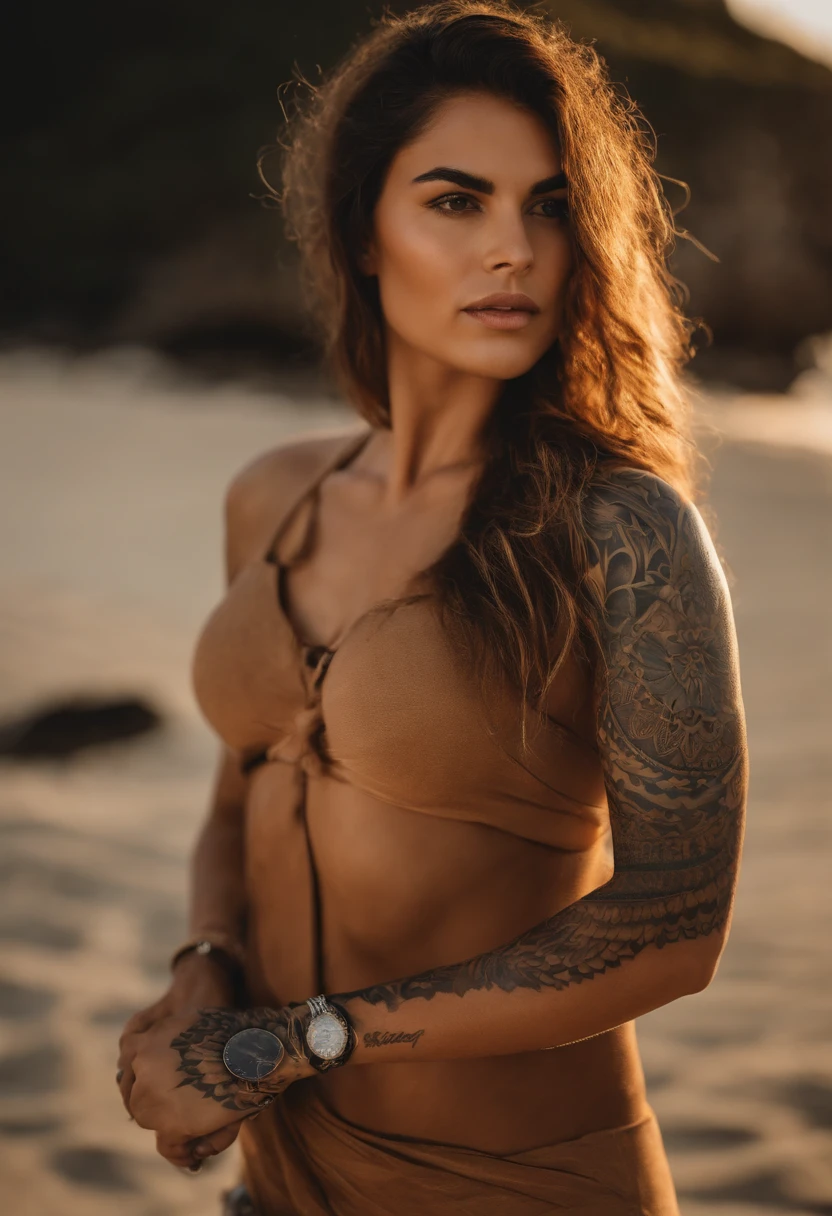 Mulher morena baixa, com cabelo preso, fisiculturista, com roupa de academia, with his right arm tattooed, na praia
