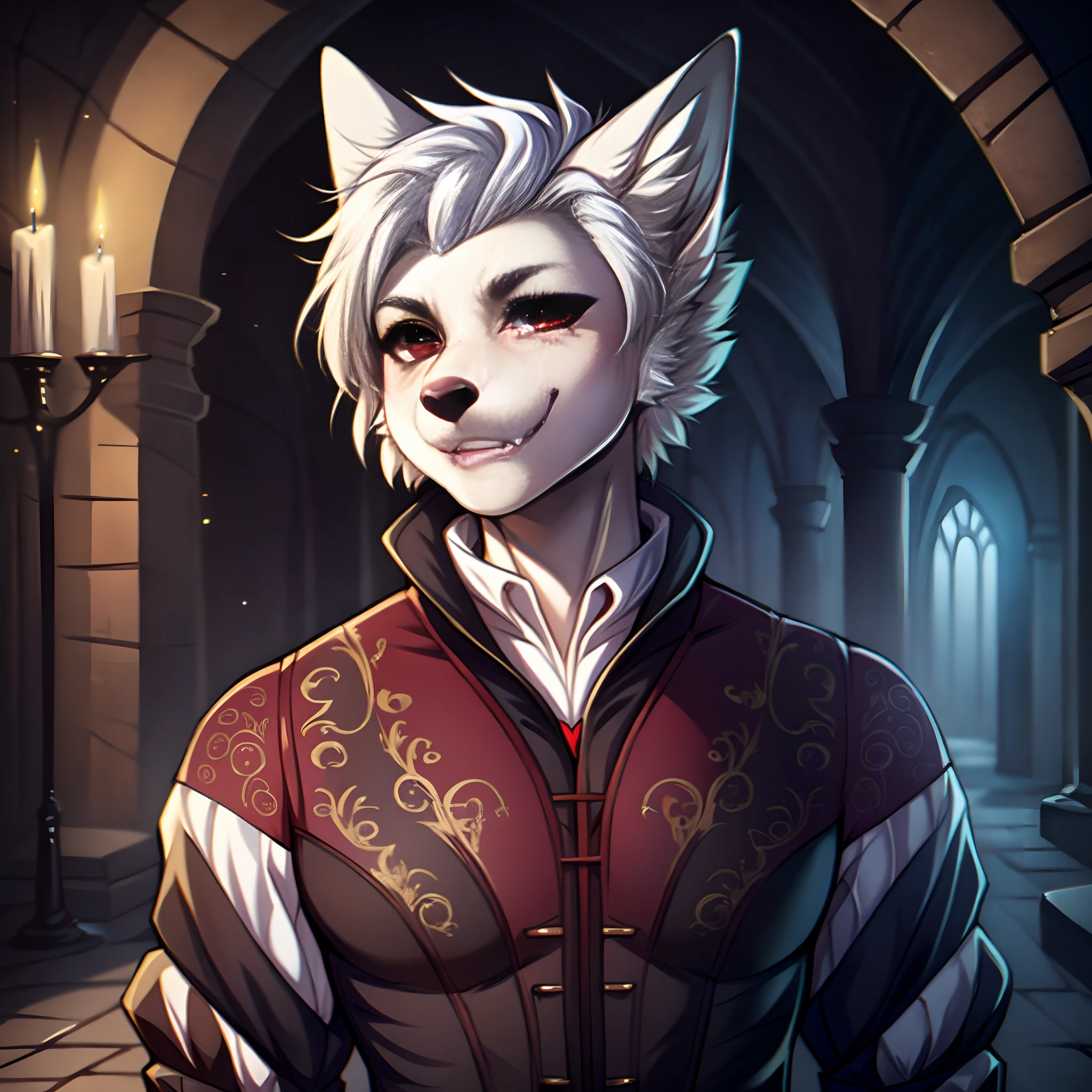Astarion, white fox male, white hair, hair swept back, cute snout, vampire fangs, red eyes, fox ears, white furry body,elegant noble clothing, in a crypt, by fumiko, by hyattlen, by claweddrip