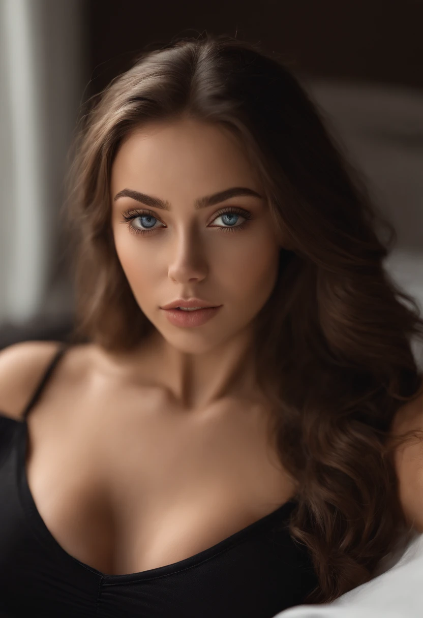 arafed woman with matching tank top and panties, sexy girl with blue eyes, portrait sophie mudd, brown hair and large eyes, selfie of a young woman, bedroom eyes, violet myers, without makeup, natural makeup, looking directly at the camera, face with artgram, subtle makeup, stunning full body shot, in bedroom, cleavage