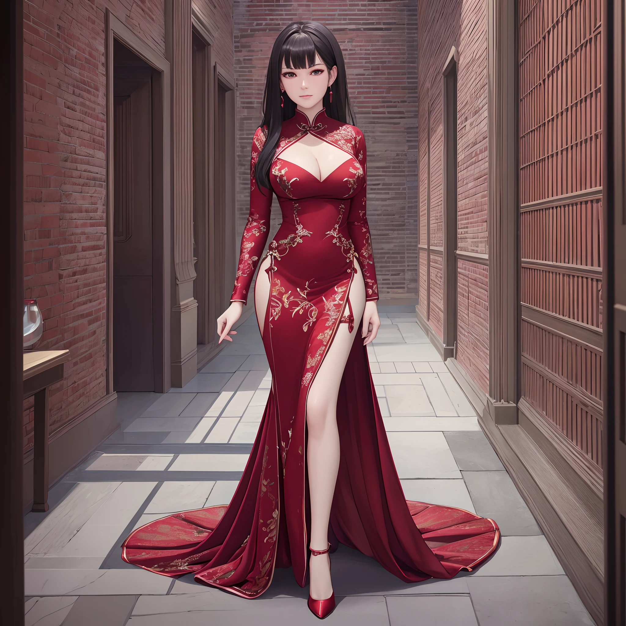 masterpiece, best quality, realistic, high res, beautiful, 8K, hyper realistic, visually stunning,  deep red theme, dark crimson, looking at viewer ,full body,high heels, a girl wearing traditional red cheongsam dress, cleavage, intricate details, photorealistic, ultra detailed eyes and face --auto --s2