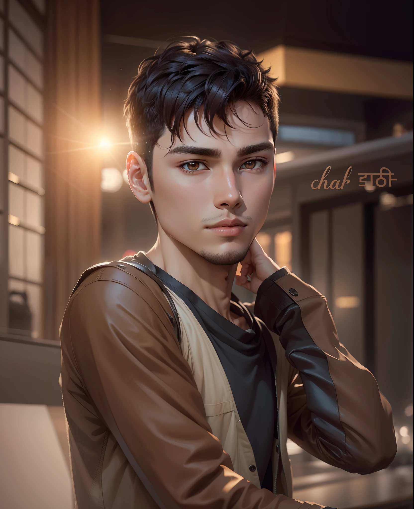 Anime photo of a young man in his 20s, short crew cut hair, brown eyes, on a profile picture background, 800pxby800px, in maximum quality ultra hd 8k fur realistic, high quality, High resolution sharpness color accuracy low dynamic range noise, innovative and unique images.
